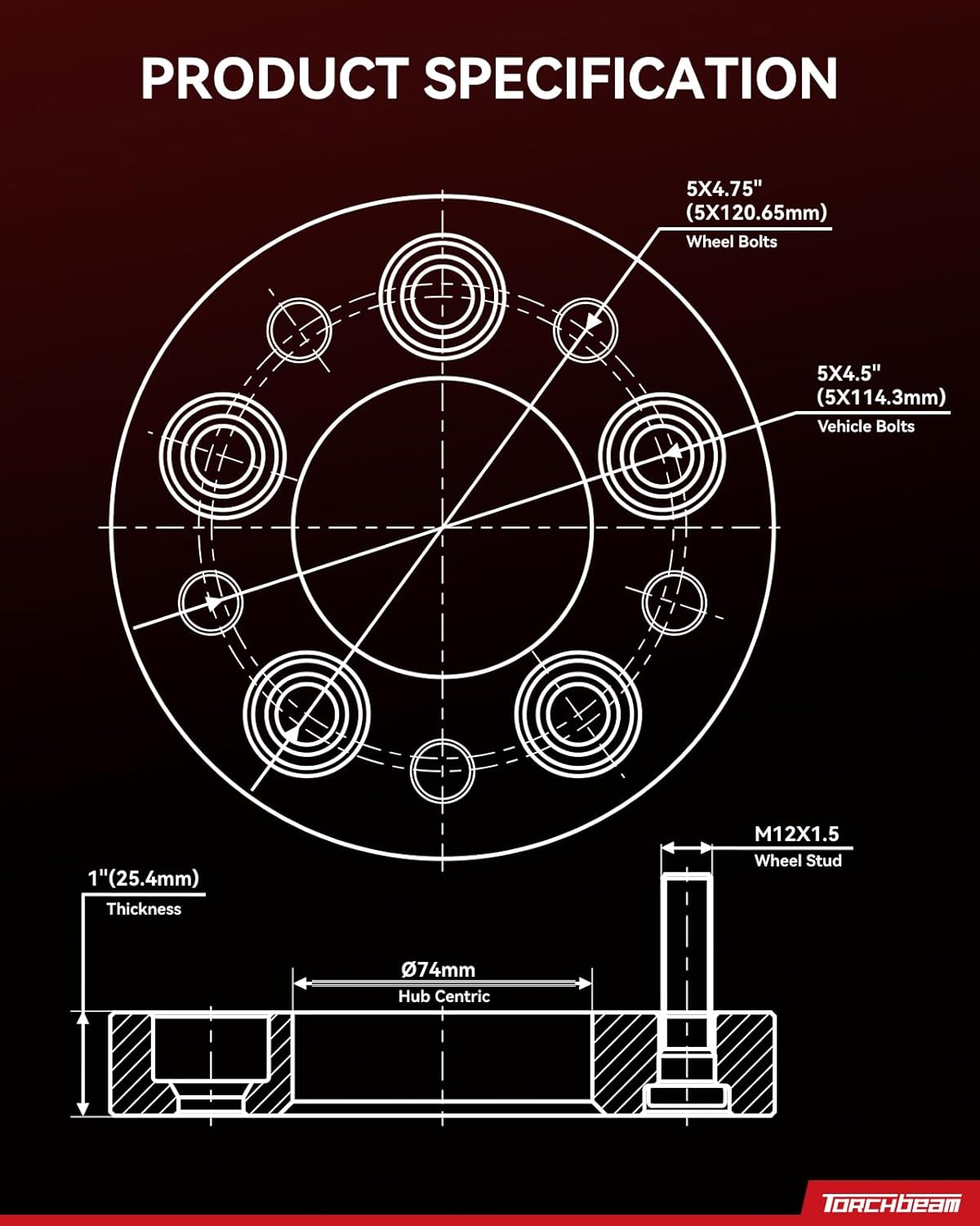 Torchbeam 5x4.5 to 5x4.75 Lug Wheel Adapters 1 inch with M12x1.5 Thread Pitch,74mm Hub Bore,4pcs Adapters for CR-V, Elantra, Sonata, Civic, CX-5, Optima,RAV4, RX350, H-R-V,Changes Bolt Pattern