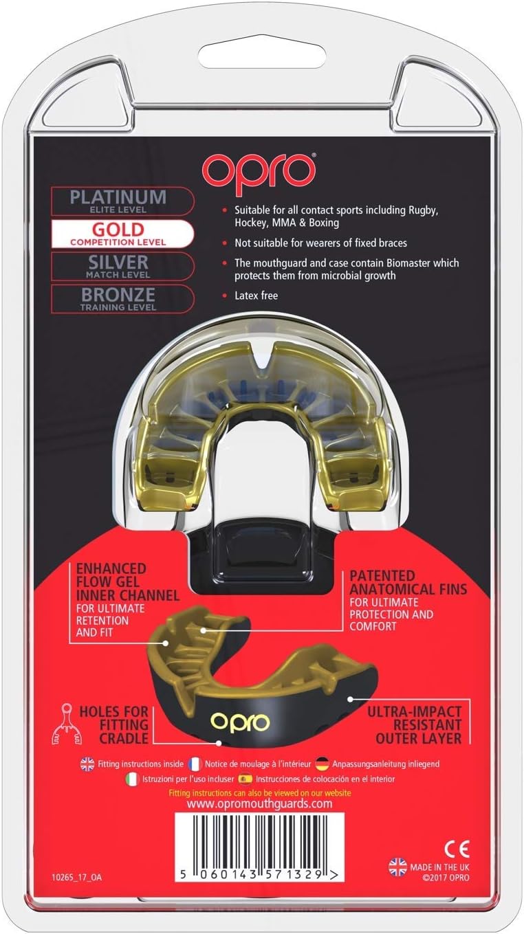 OPRO Gold Competition Level Adult and Youth Sports Mouthguard with Case, Gum Shield for Football, Hockey, Lacrosse, Boxing, Wrestling and Other Contact and Combat Sports (Adult, Black/Gold)