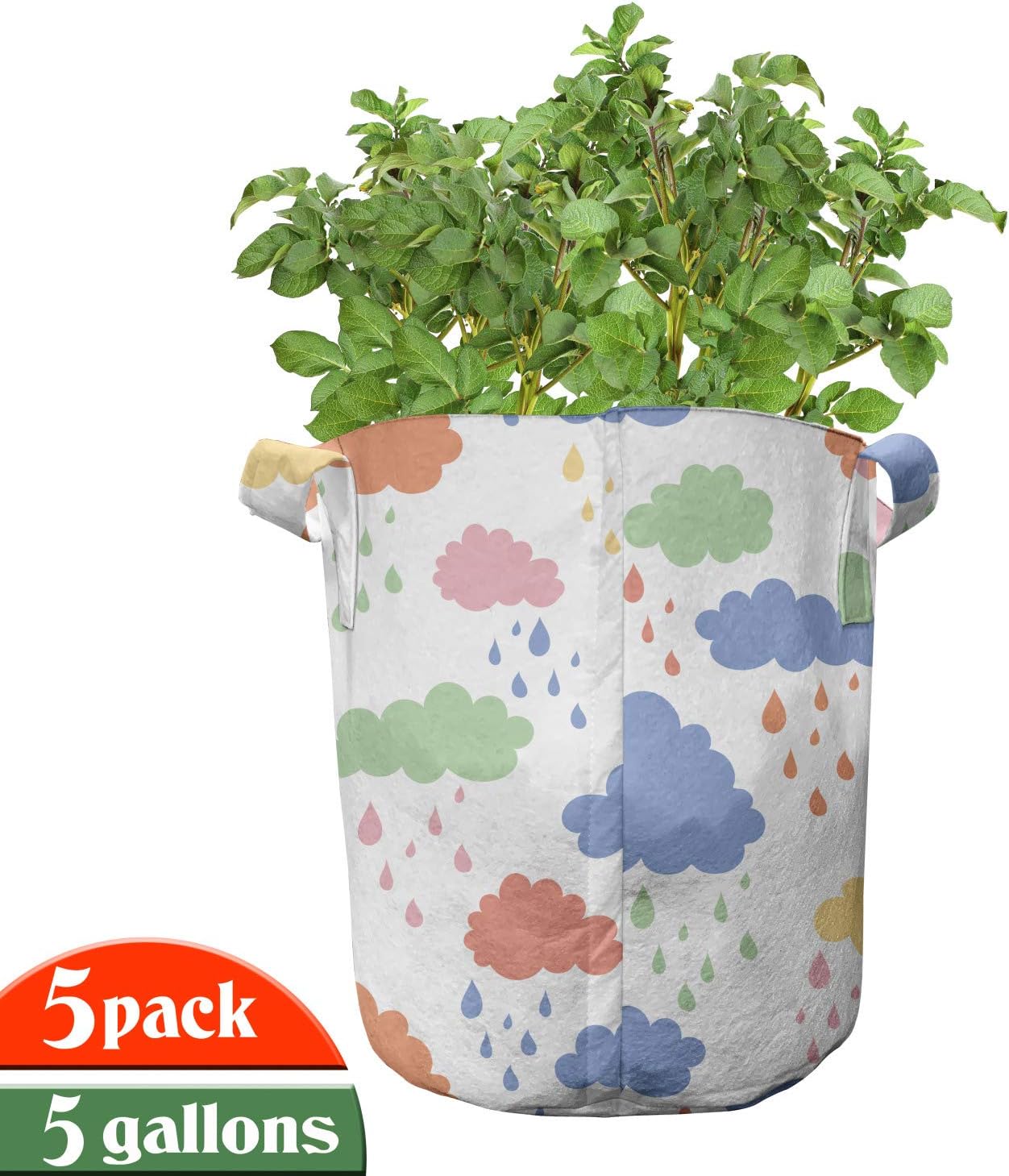 Lunarable Cartoon Grow Bags 5-Pack, Puffy Clouds and Drops, Heavyduty Fabric Pots with Handles for Plants, Multicolor