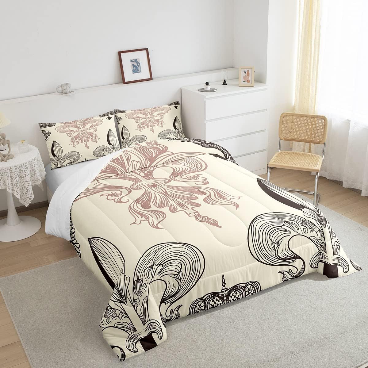 Feelyou Fleur-De-Lis Bedding Set Vintage European Pattern Comforter Set for Kids Boys Girls Boho Room Decor Comforter Bohemian Retro Quilt Set 3Pcs Queen Size