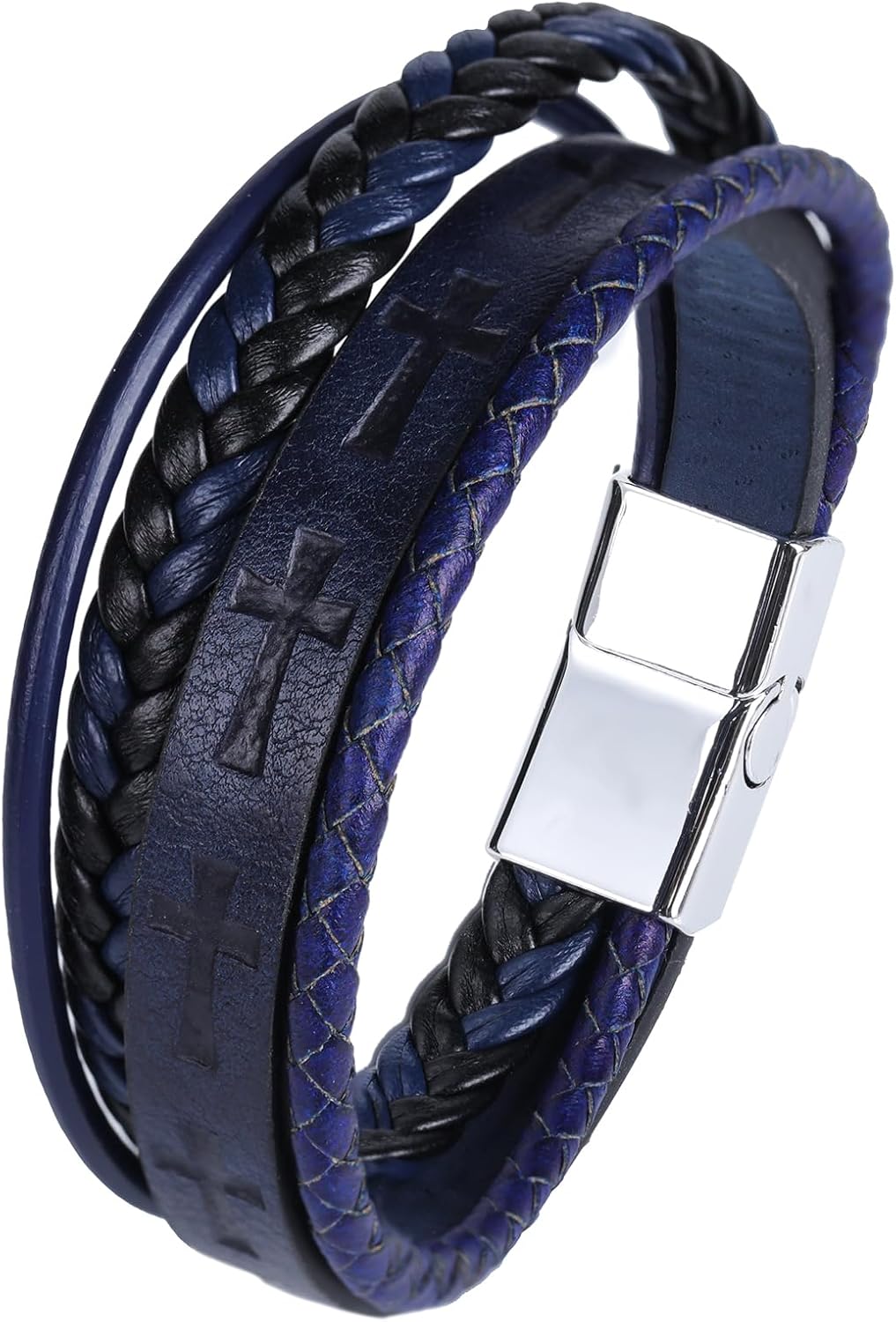 Mrcaois Mens Leather Cross Bracelet Multilayer Braided Wristband Bangle Bracelets with Stainless Steel Buckle Religious Gift for Men Brown/Black/Blue–8.3 inch