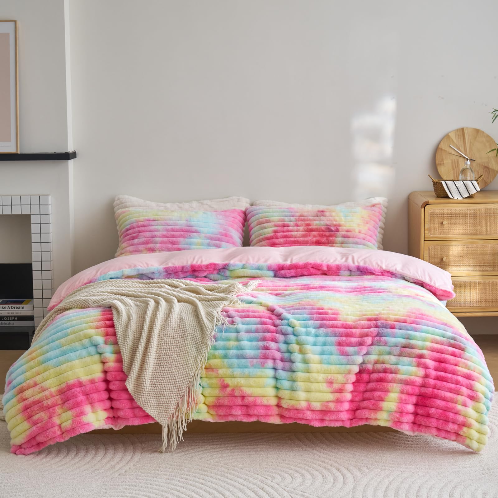 Besfunny Boys Rainbow Fluffy Comforter Cover Queen Size ，Plush Bedding 3Pcs Set（1 Fuzzy Duvet Cover+2 Fur Pillow Cases ） Faux Fur Luxury Bed Set (, Queen)