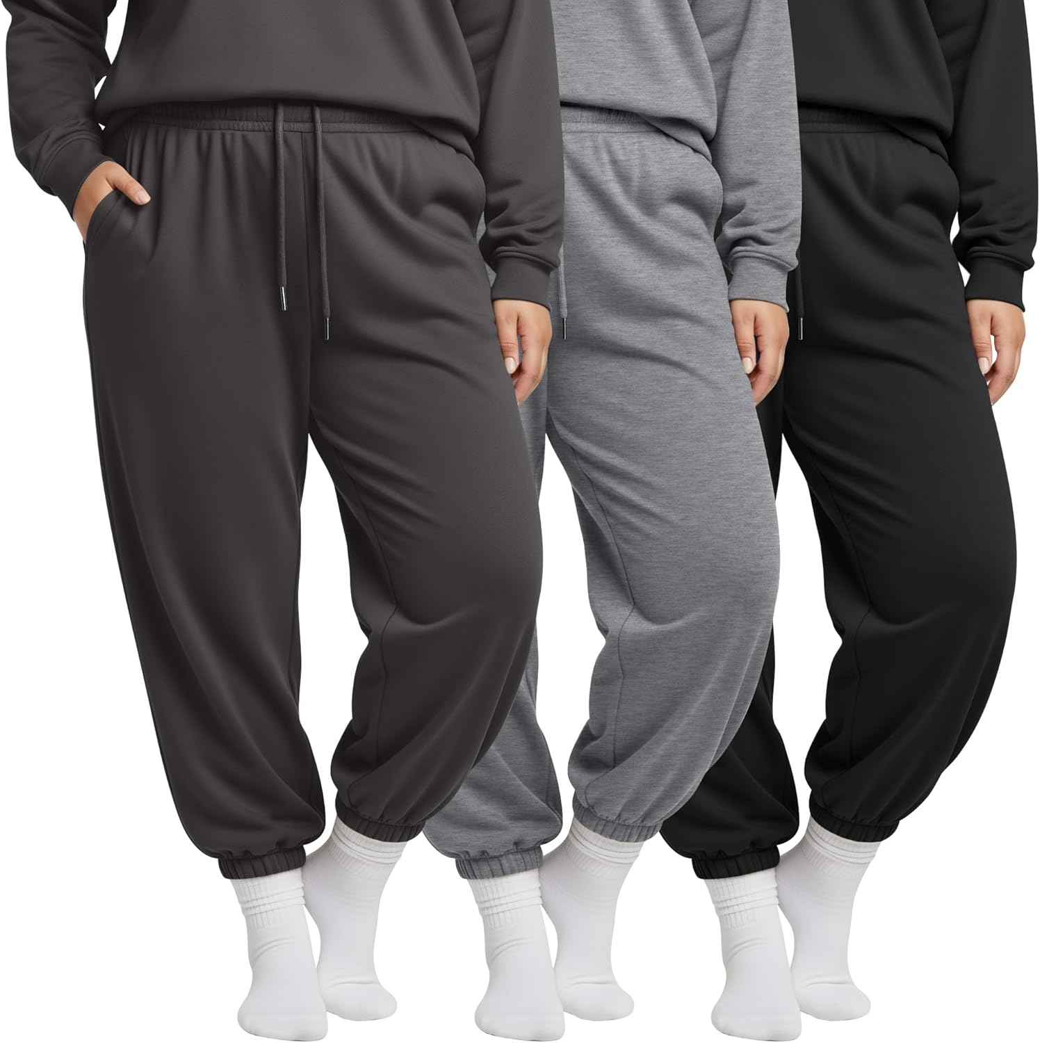 3 Pack Women's Plus Size Sweatpants Lightweight Athletic Joggers Drawstring High Waisted Lounge Pants with Pockets