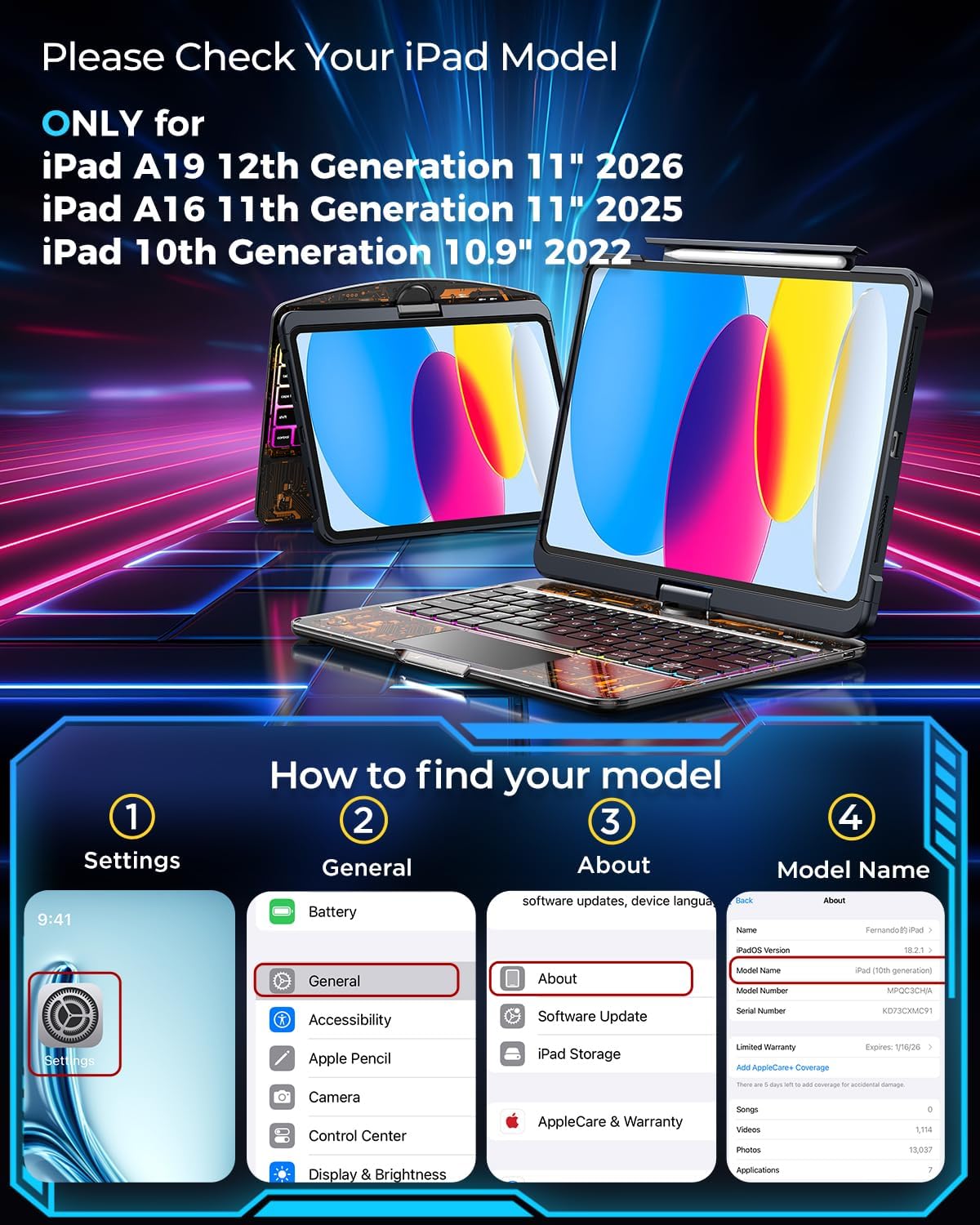 SIBEITU Keyboard Case for iPad A16 11th Gen 11" 2025 & 10th Gen 10.9" 2022, Clear Wireless Keyboard Protective Cover with Multi-Touch Trackpad, 7-Color Backlight & 3-Brightness, 360 Rotatable, Black