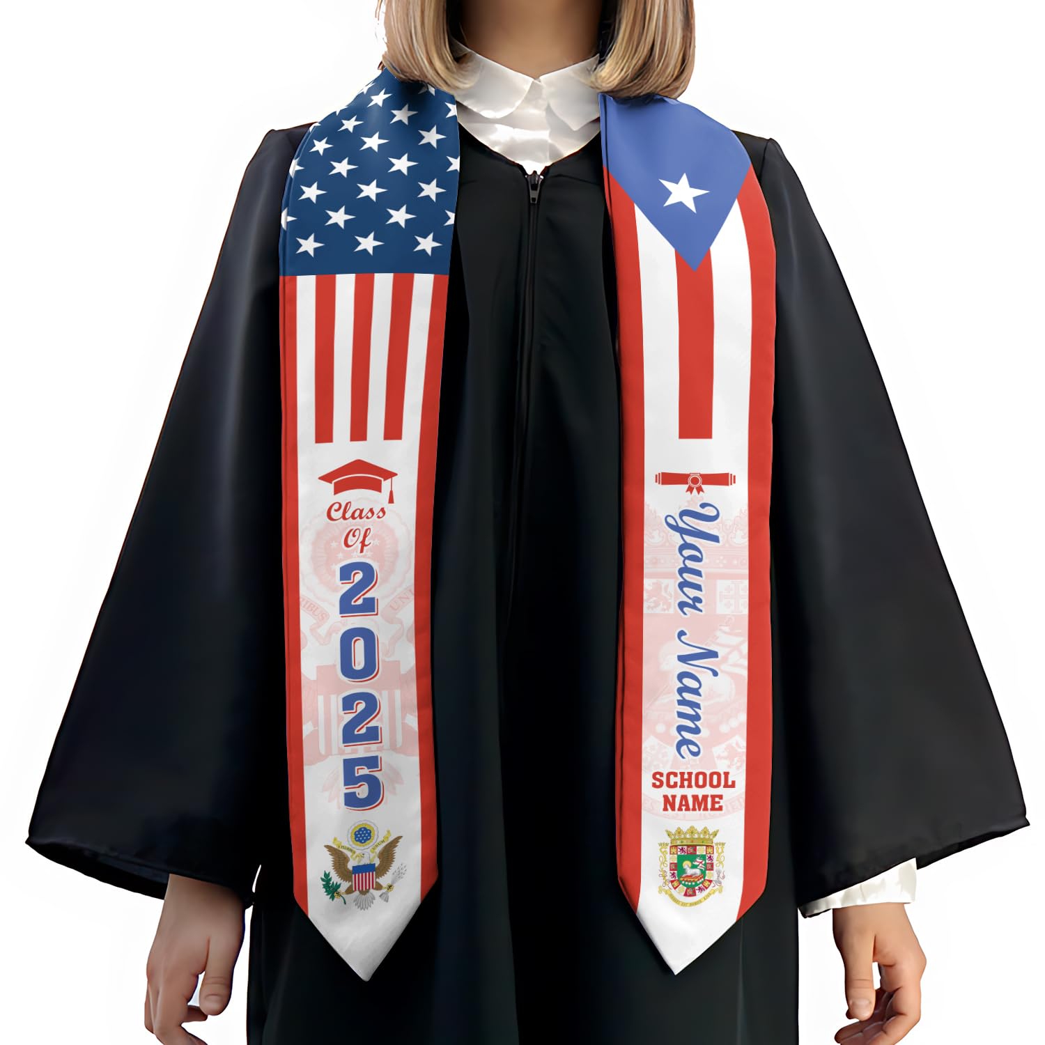 MonkeyVan Personalized Puerto Rico Graduation Sash 2025, Custom Puerto Rican American Flag Graduation Stole Class of 2025 S153