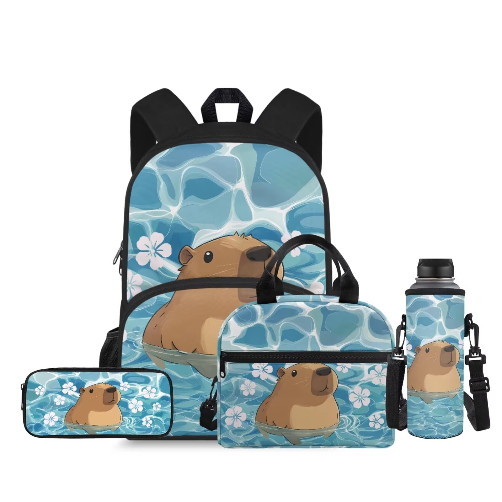 Noteligou Cute Capybara Kids Backpack for Boys 4-6 4 Piece School Backpack Set with Lunch Box Pencil Case Portable Lunch Bag and Water Bottle Case