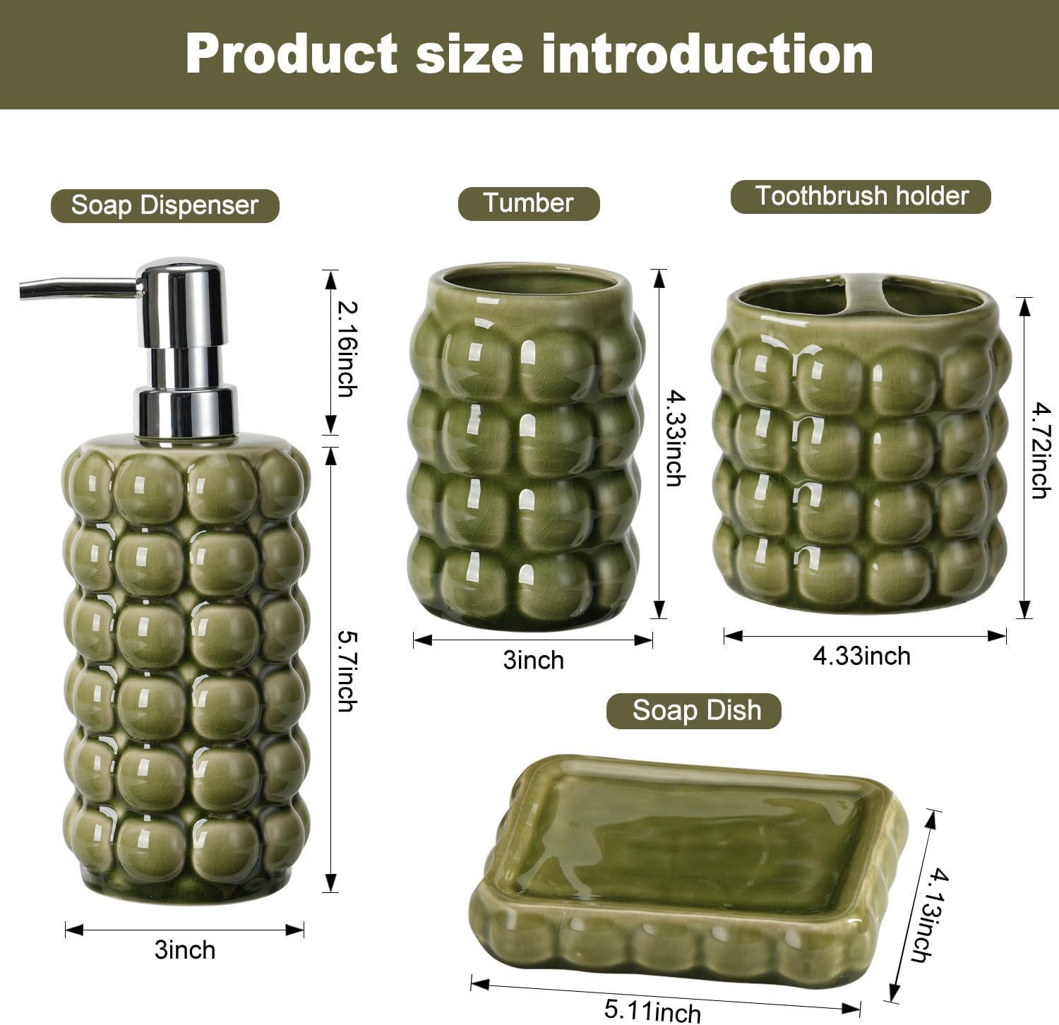 4 Piece Ceramic Bathroom Accessories Set –Soap Dispenser,Toothbrush Holder,Tumbler & Soap Dish,Includes Silicone Funnel,Non-Slip,Modern Farmhouse Countertop Organizer Set for Bathroom Decor, Green