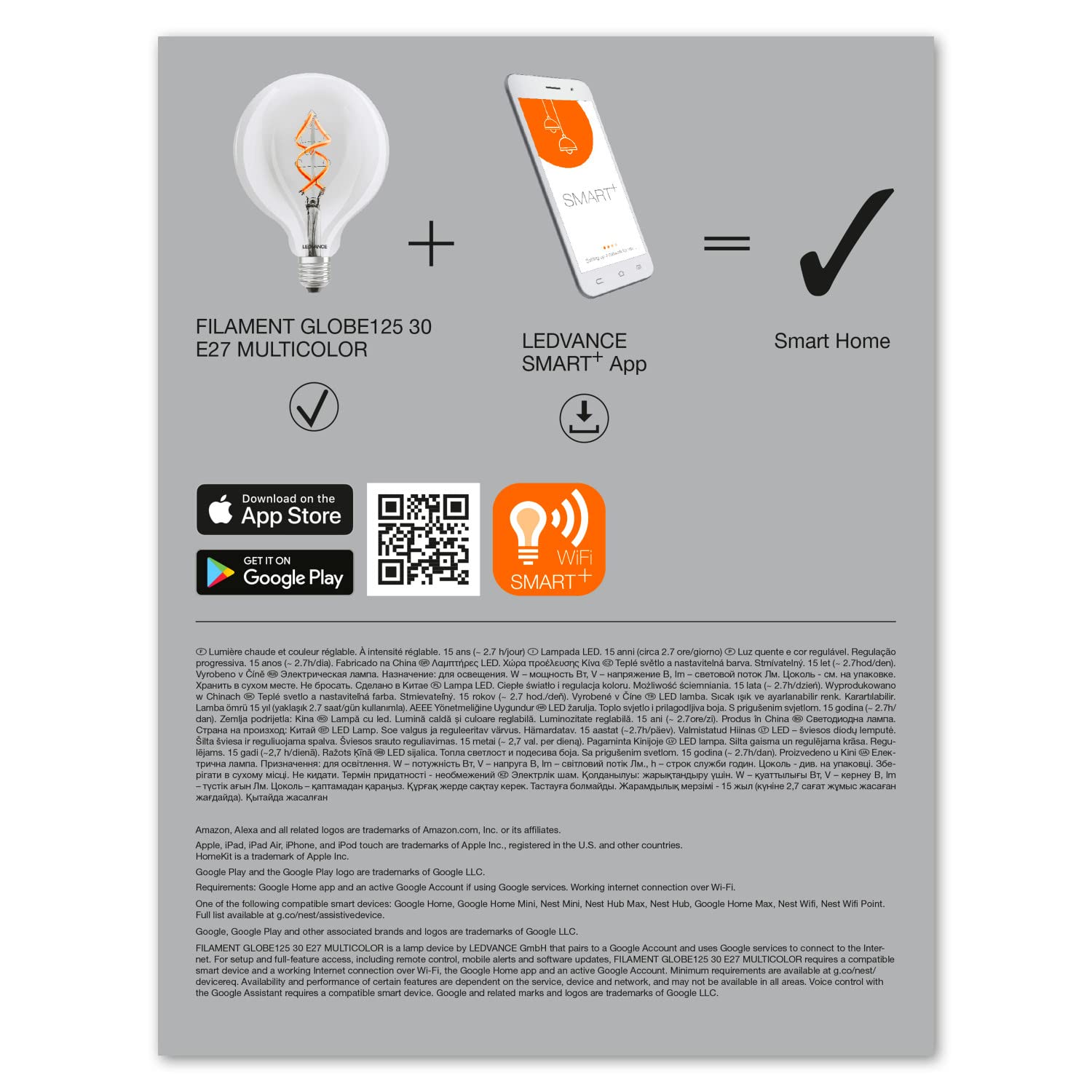 LEDVANCE Inteligentna żarówka LED z technologią Wifi, E27, RGB, kształt kuli, kolorowy żarnik jako nastrojowe światło, zamiennik żarówek 60 W, sterowana za pomocą Alexa, Google i aplikacji, 4 pak