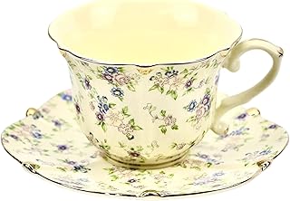 TATSUMI Country Roses Bone China Tea Cup and Saucer Set, 3 Pieces, Vintage Style, For Women and Tea Parties(yellow,1 Set)