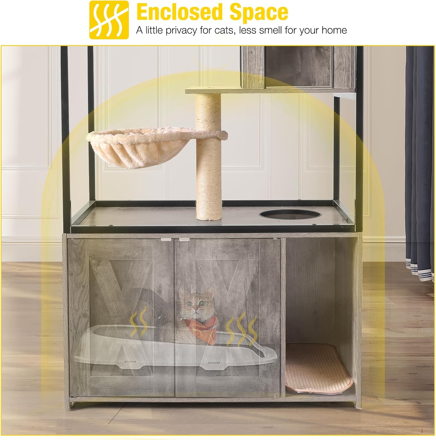 Aivituvin Cat Litter Box Enclosure, Litter Box Furniture Hidden, Wooden Cat Washroom Furniture, Indoor Cats House with Condo, Hammock, Scratching Mat and Storage Shelves-Greige