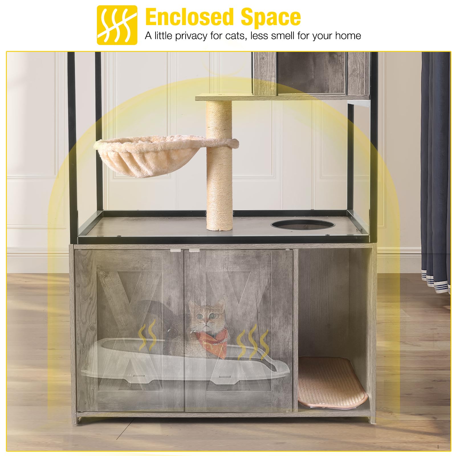 Aivituvin Cat Litter Box Enclosure, Litter Box Furniture Hidden, Wooden Cat Washroom Furniture, Indoor Cats House with Condo, Hammock, Scratching Mat and Storage Shelves-Greige - image 2