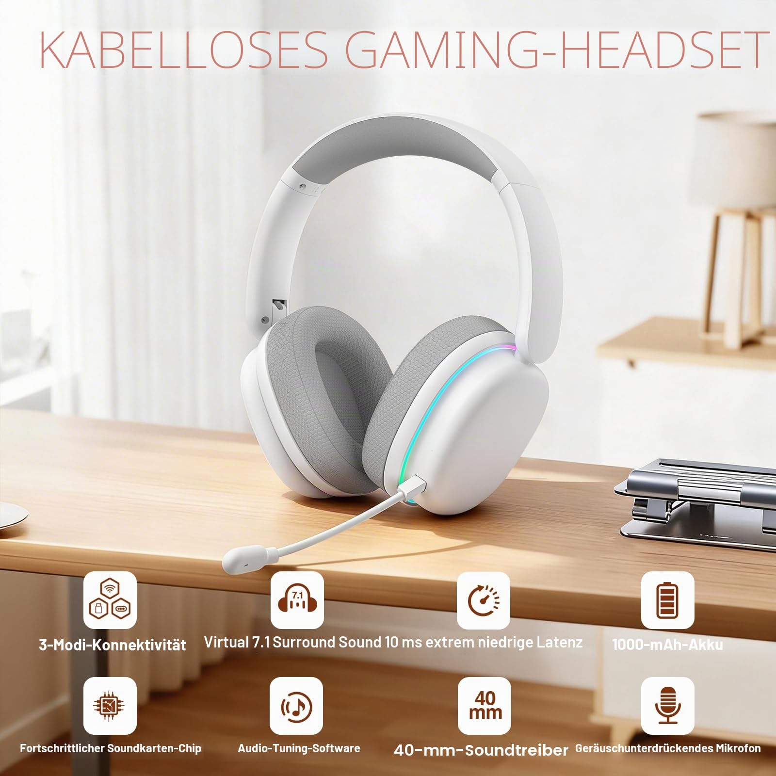 AULA G7 Pro Kabelloses Gaming Headset mit Mikrofon,2.4GHz/BT5.0/USB,40mm Treiber,7.1 Surround Sound,Geräuschunterdrückung,80+Std.Akku,Over-Ear Gaming-Kopfhörer für PC/Spielkonsolen (Weiß)