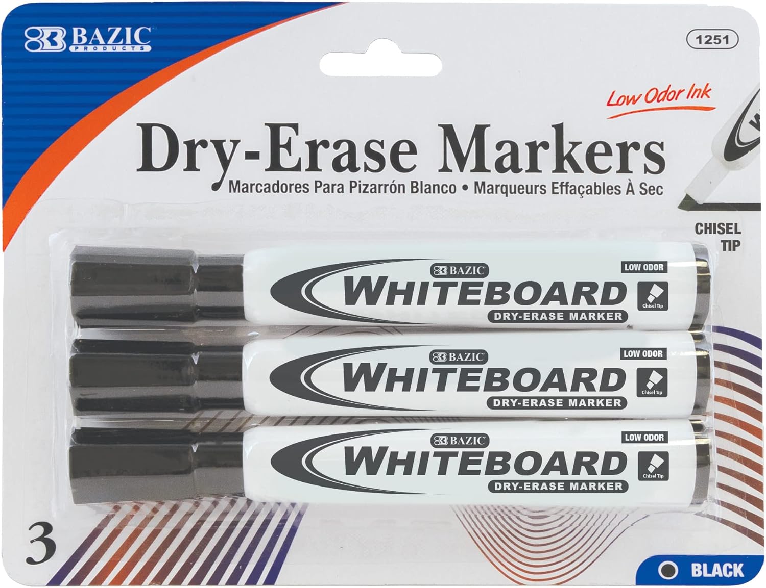 BAZIC PRODUCTS Dry Erase Marker Black Color Chisel Tip, Whiteboard Pen Marcador, Low Odor Markers White Board Pens, Office School Supplies (3/Pack), 24-Packs