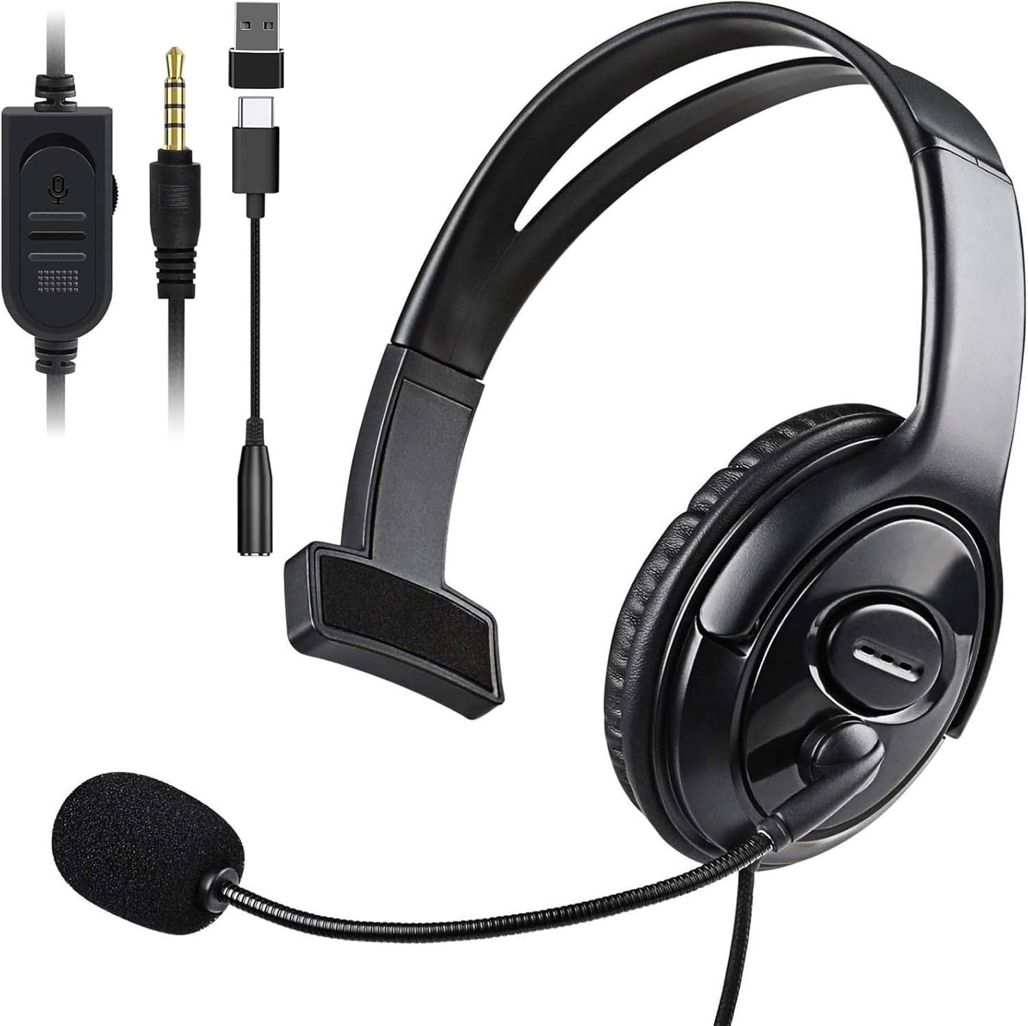Wired Single Ear Headset with 3.5mm Jack & USB-C & USB-A Adapter for PS5, PS4, Xbox, Switch, PC, iPhone, iPad, Android – Unilateral Mono Headphone for Gaming, Call Center, Remote Work, Online Classes Wired Single Ear Headset with 3.5mm Jack & USB-C & USB-A Adapter for PS5, PS4, Xbox, Switch, PC, iPhone, iPad, Android – Unilateral Mono Headphone for Gaming, Call Center, Remote Work, Online Classes