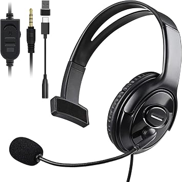 Wired Single Ear Headset with 3.5mm Jack & USB-C & USB-A Adapter for PS5, PS4, Xbox, Switch, PC, iPhone, iPad, Android - Unilateral Mono Headphone for Gaming, Call Center, Remote Work, Online Classes