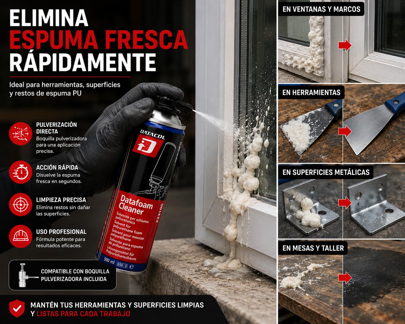 DATAFOAM CLEANER 500 ml – Solvente limpiador espuma poliuretano – PACK 12 – Aerosol para limpieza de pistolas PU y espuma fresca – DATACOL