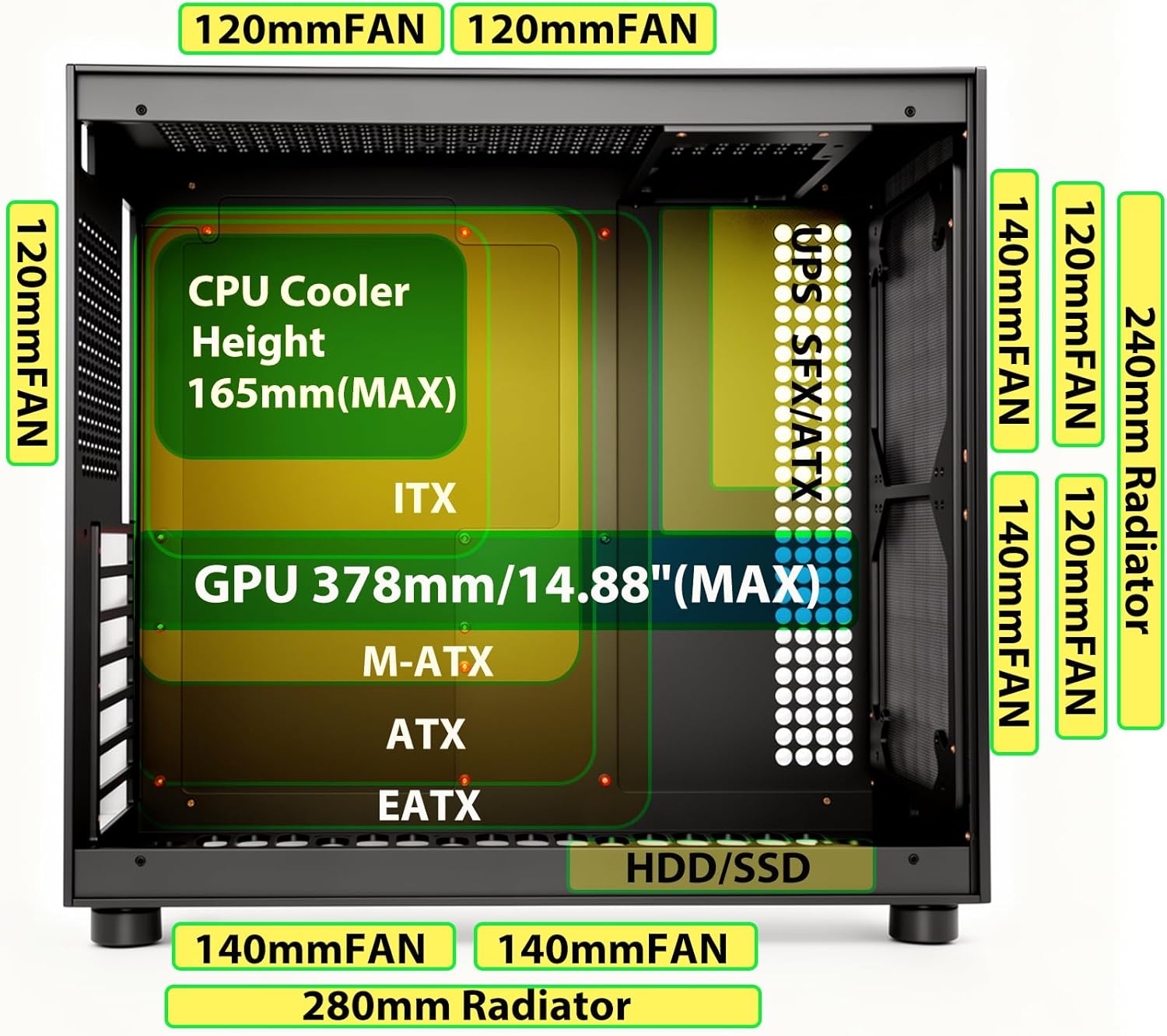 ATX Gaming PC Case, CNC Machined Full Aluminum Tower, High-Airflow Full Ventilation Design, Type-C Front I/O, Dust Filters, Transparent Acrylic Side Panel, Black