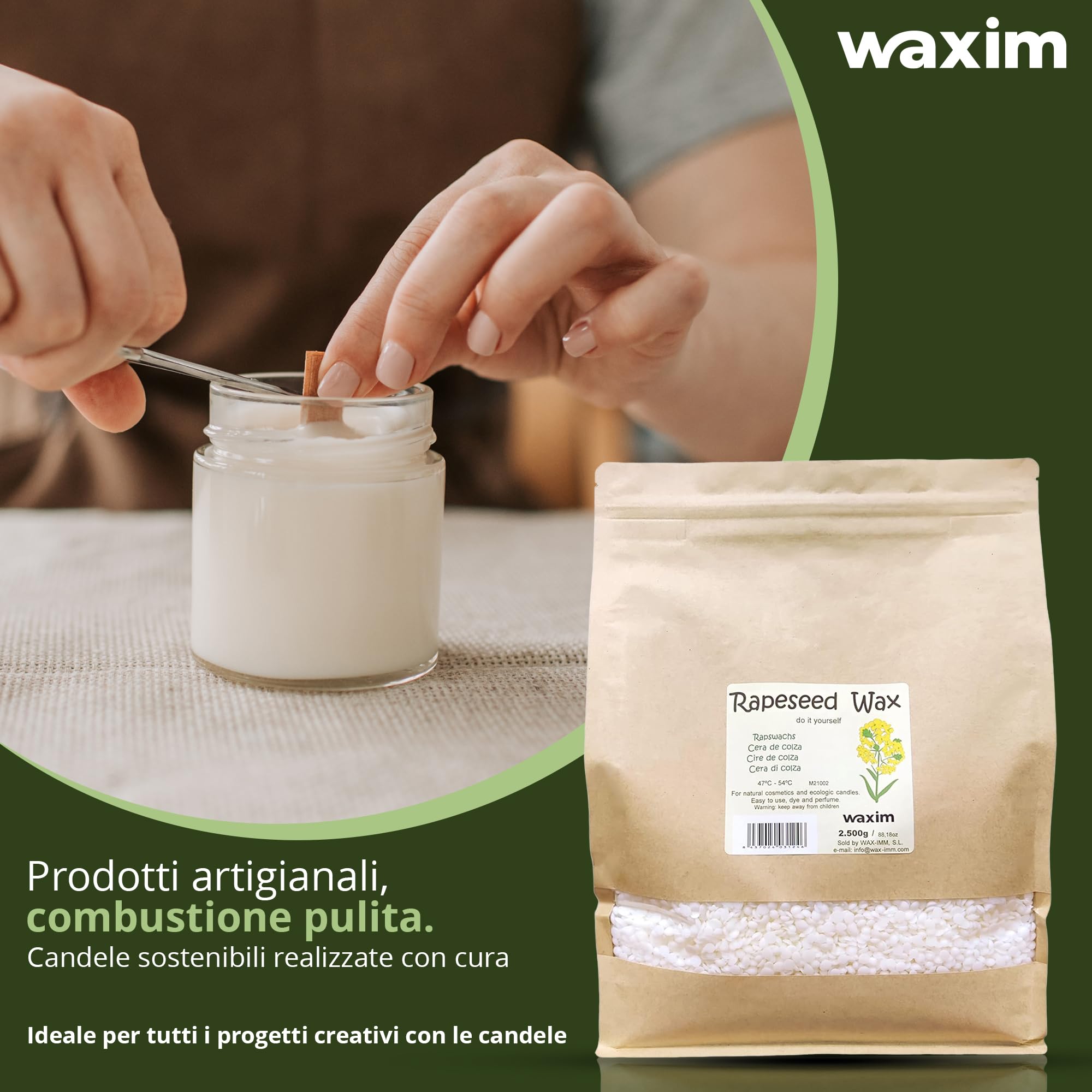 WAXIM Cera di olio di colza per candele 2500 g – Perle bianche, naturali, vegane, senza paraffina, cera per candele fatte in casa, fai da te, candele artigianali, granuli di cera e candele natural