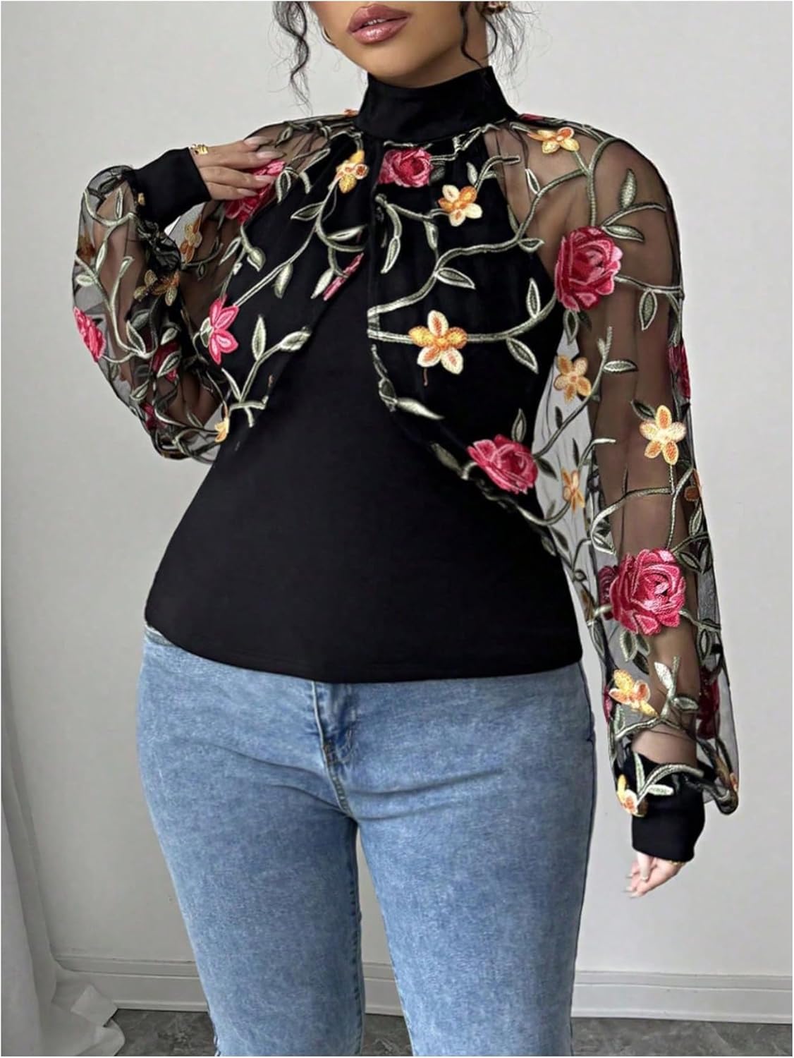 SweatyRocks Women's Plus Size Long Sleeve Mock Neck Embroidery Floral Mesh Slim Fit T Shirts Top - Image 4