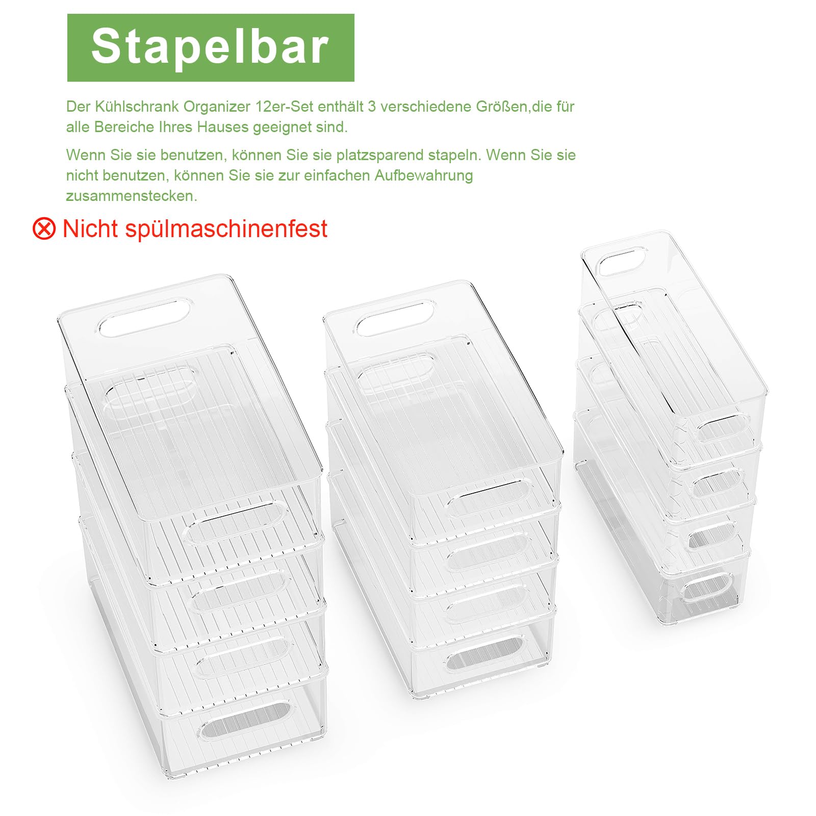 Finew Juego de 12 organizadores para frigoríficos (4 pequeños, 4 medianos, 4 Grandes), recipientes apilables para frigorífico, Caja Transparente para Cocina, despensa, armarios, fregaderos