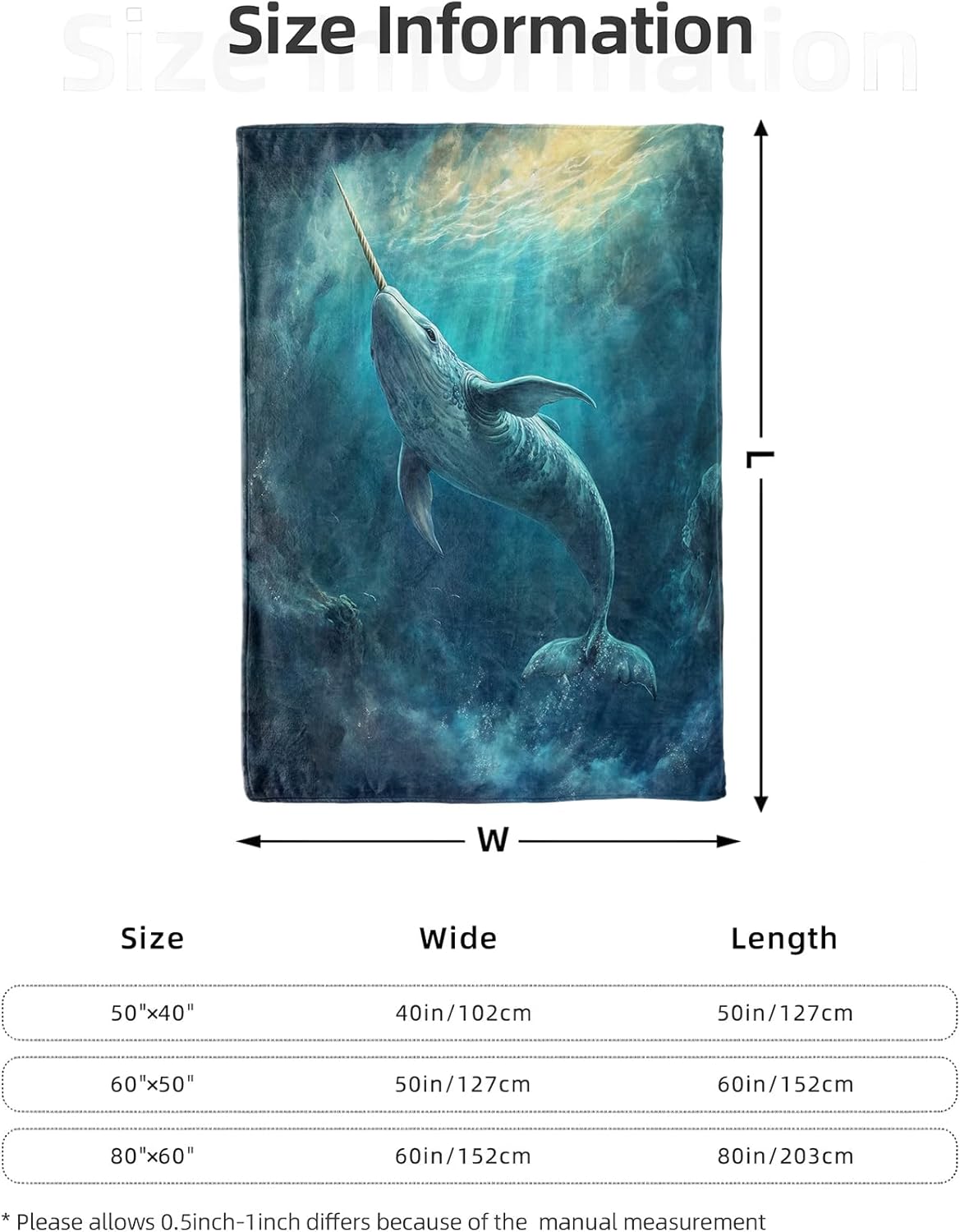 Elegant Narwhal Blanket 50x60 in, Ocean Wildlife Design, Flannel Throw Blankets for Travel Camping Sofa Living Room Decor, Lightweight Cozy Soft Fuzzy Gifts for Women Girls Boys Nature Lovers - Image 3