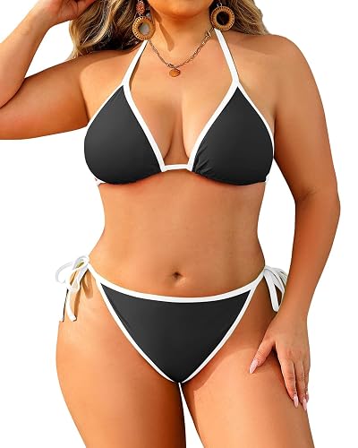 Tempt Me Women String Plus Size Bikini Sets Sexy Triangle Two Piece Halter Swimsuits with Tie Side Bottom Bathing Suit - 18 Plus - Black