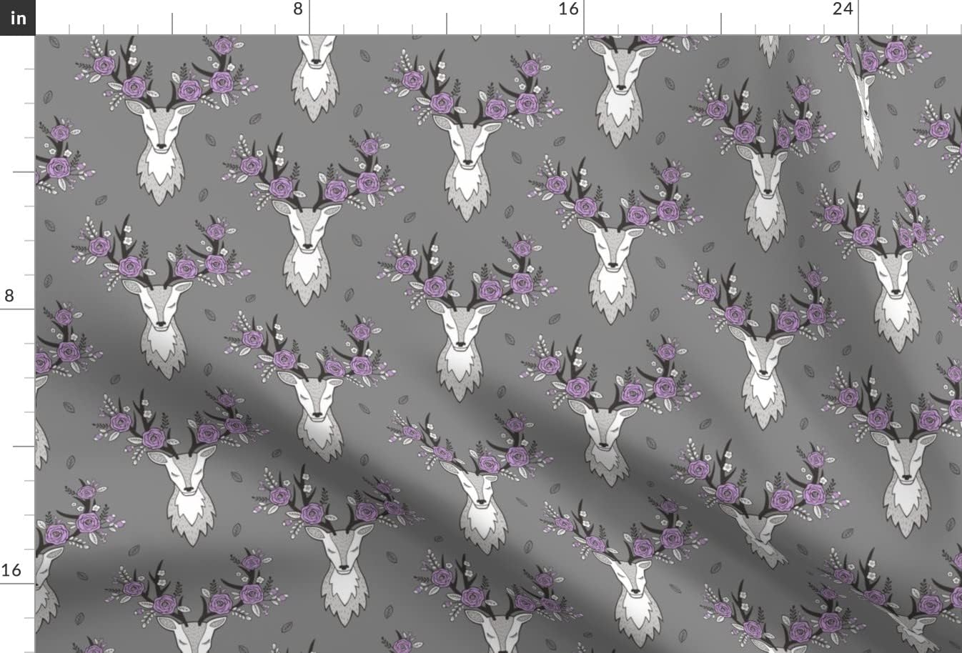 Spoonflower Fabric - Deer Head Purple Flowers Floral Dark Grey Roses Woodland Fall Antler Printed on Upholstery Velvet Fabric Fat Quarter - Upholstery Home Decor Bottomweight Apparel