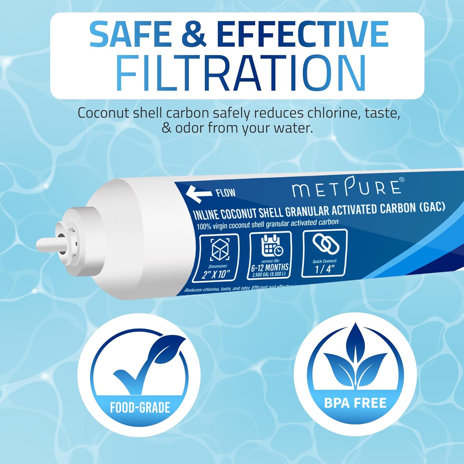 Metpure In line Water Filter 2" x 10" Coconut Shell Post Activated Carbon Water Filter Replacement with 1/4" OD Quick Connects for Inline Reverse Osmosis RO Water Filtration, Refrigerator, Ice Maker - Image 5