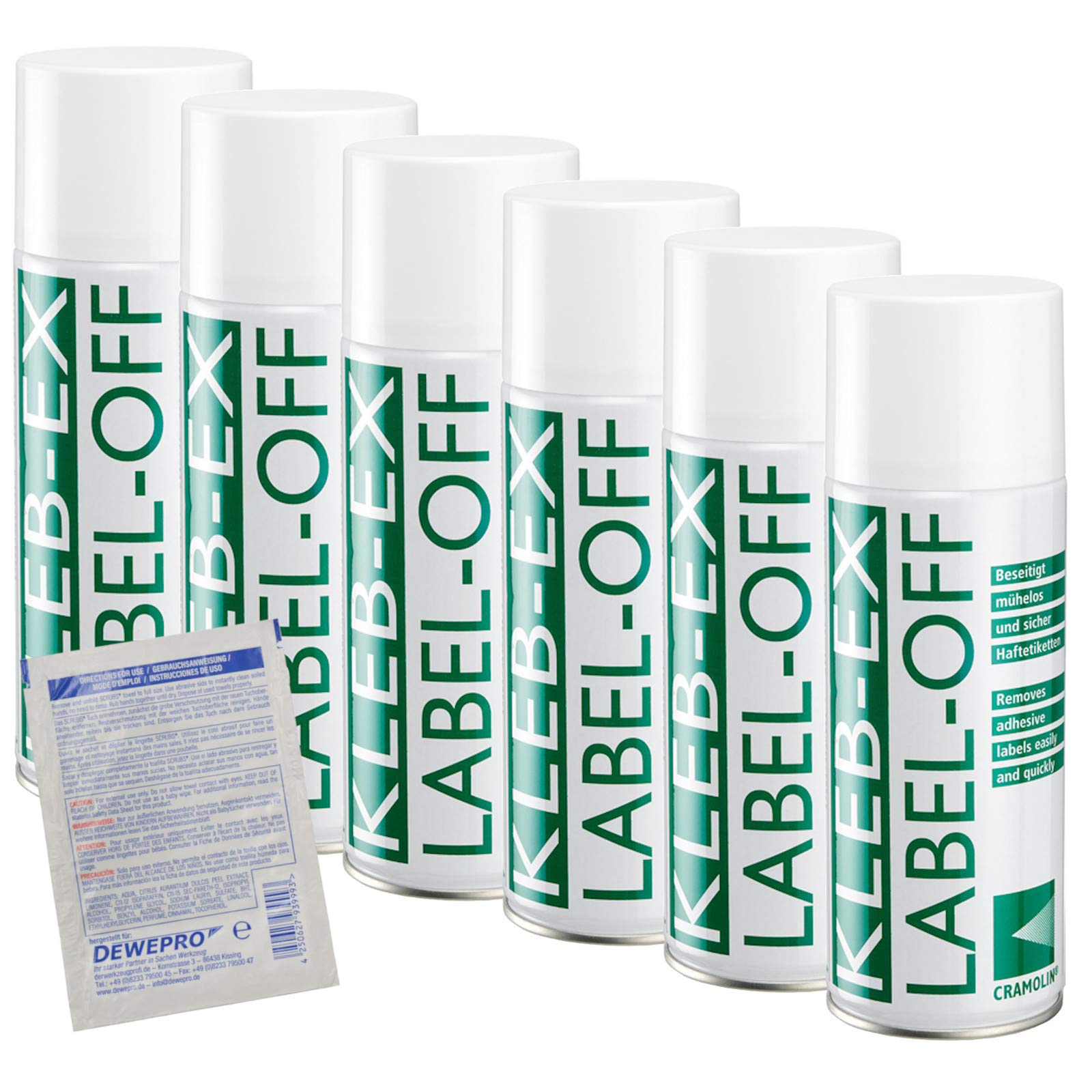 6x Cramolin KLEB-EX 400 ml Bombe aérosol - Dissolvant pour colle et étiquettes - 1341611 - Klebex - Enleveur d'étiquettes et de colle, avec 1 DEWEPRO® SingleScrubs inclus