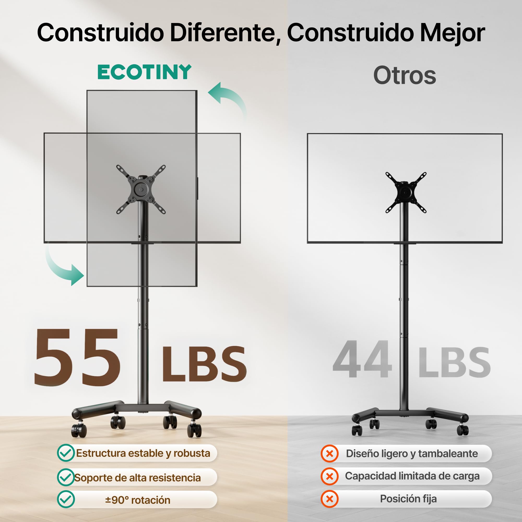 Soporte TV con Ruedas 13-50" | Soporta 25 kg, VESA 200x200, altura ajustable, giro 360° e inclinación, ruedas silenciosas, diseño ahorra espacio
