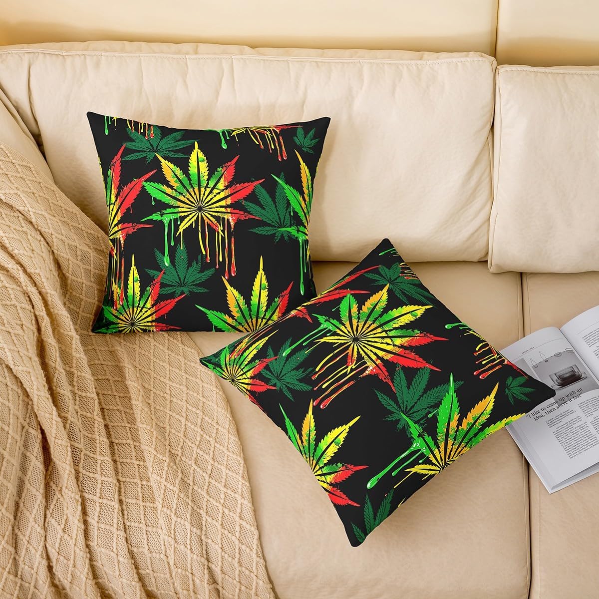 Marijuana Throw Pillow Covers 18"x18" Set of 4 Soft Trippy Weed Cannabis Leaves Pillow Cases Cushion Covers For Living Room Bedroom Botanical Leaf Decorative Throw Pillowcases for Sofa Couch Chair