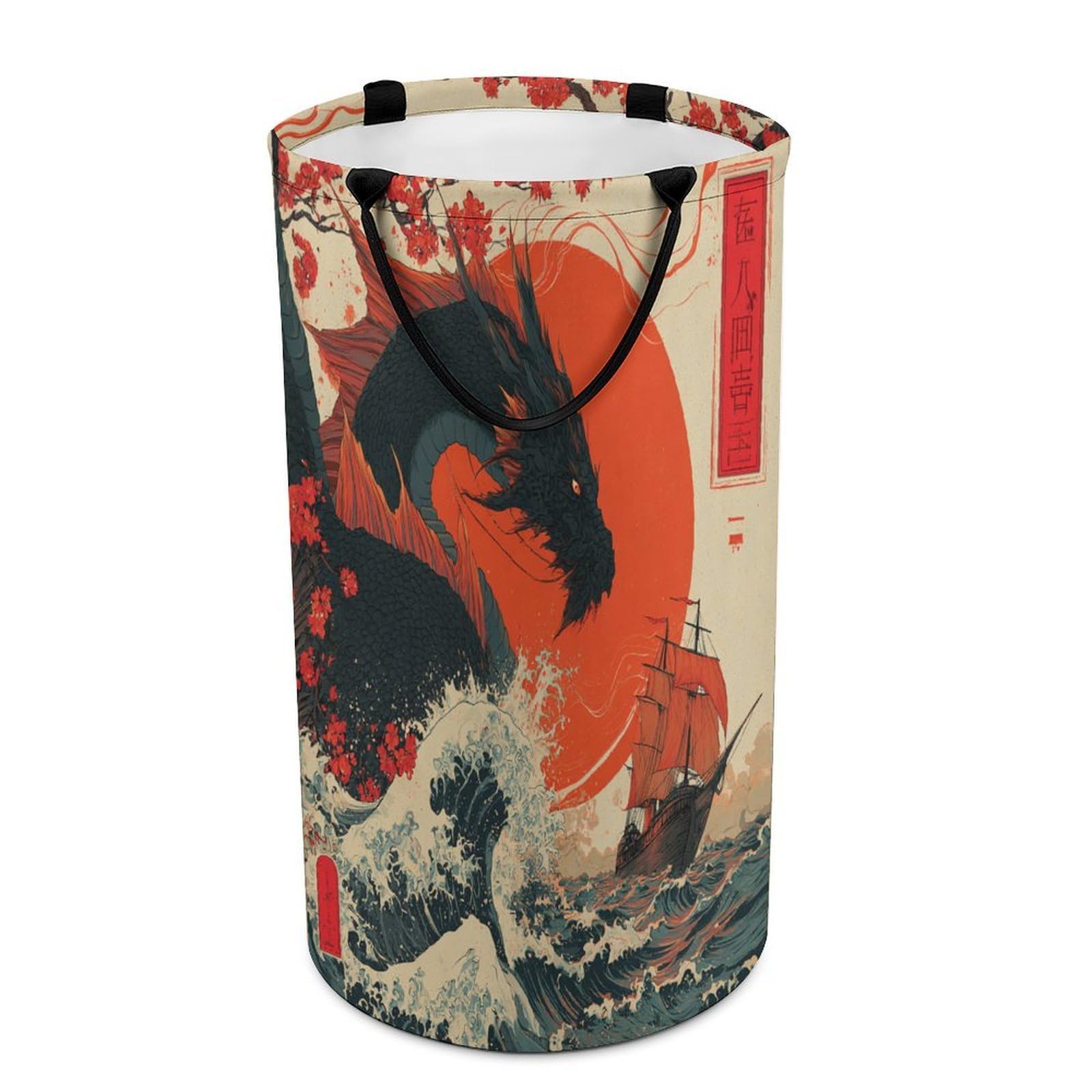 LUYYSKY Classic Watercolor Dragon Versatile Storage Laundry Basket, Fantasy Japanese Red Sun Pirate Ship Ocean Waves Animal Dragon Large Bathroom Laundry Hamper With Handle-40 CM Dia, 69 CM High