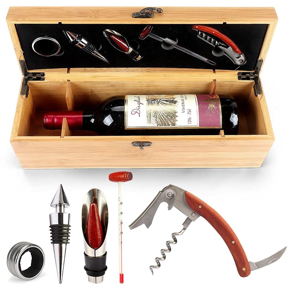 ELECDON Wine Box with 5 Tools wood Bamboo Gift Set, elegantly, 1 Drip Ring 1 Corkscrew, 1 Wine Pourer and 1 Wine Stopper, Wood, Safe, store wine, quality material