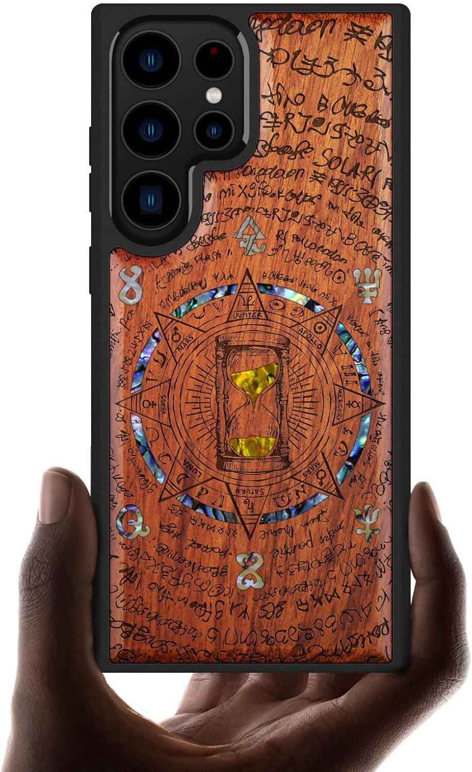 Carveit Designer Wooden Case for Samsung Galaxy S23 Ultra Cover [Wood Engraving & Shell Inlay] Compatible with Wireless Chargers S23 Ultra Case (Bat and Octagonal Star-Blackwood)