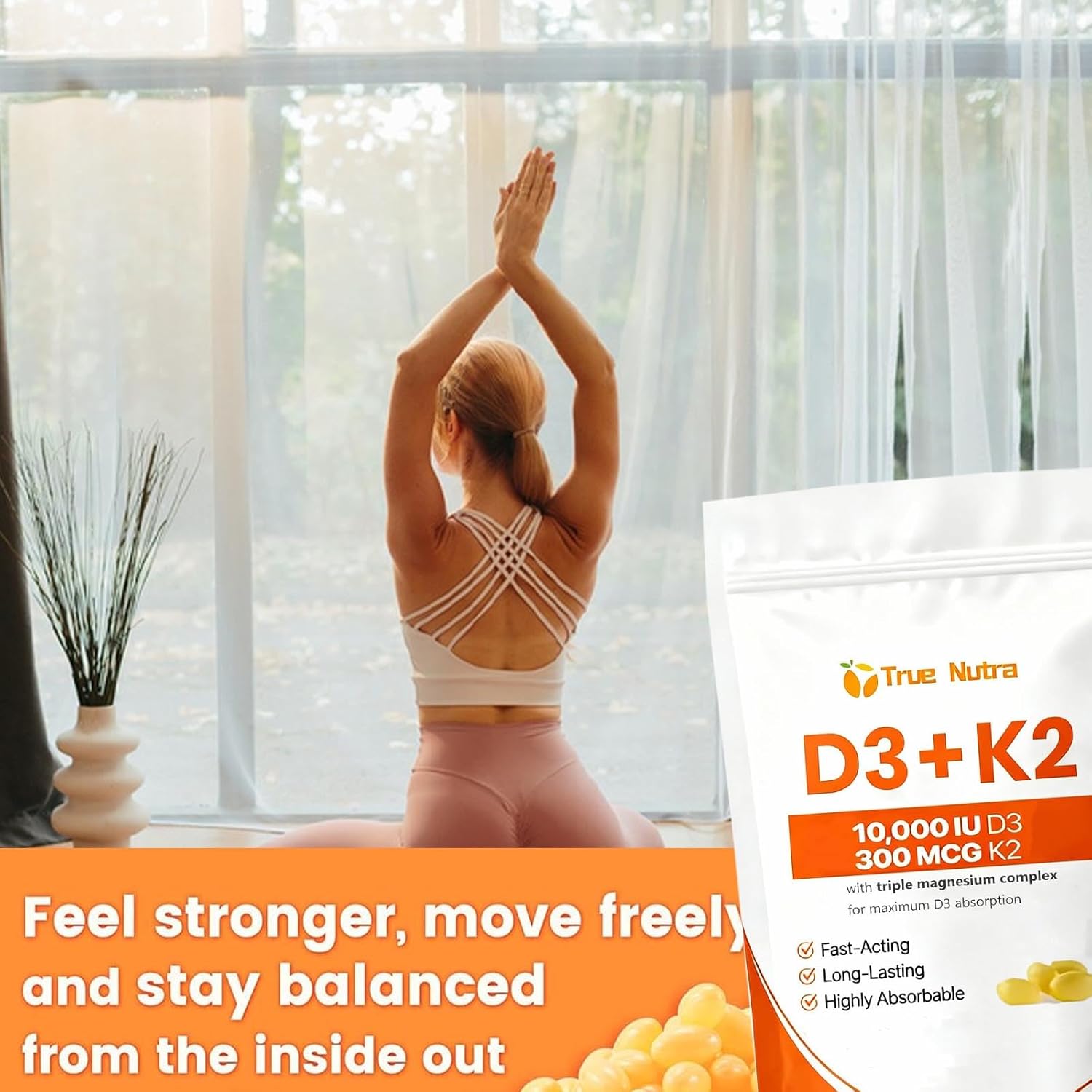 D3 K2，Vitamin D3 K2 10,000 IU Magnesium Supplement, Non-GMO, Gluten-Free,Enhance Energy，300 Coconut Oil Softgels (1PCS)