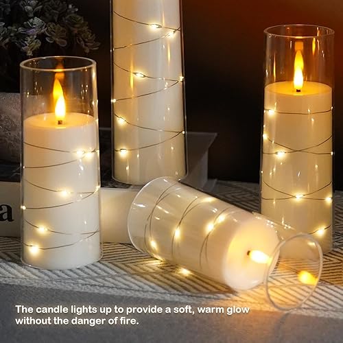 Miniatura 4 de Obrldpao Velas sin llama, funcionan con pilas, 5 velas LED acrílicas parpadeantes con control remoto, con cadena de estrellas incrustada, vela de