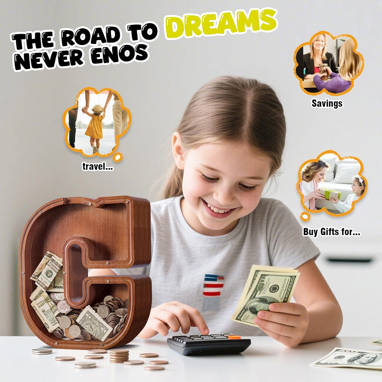 ELX Large Letter Piggy Bank for Kids Boys, Personalized Wooden Money Bank, Safe & Durable Savings Box for Toddlers Girls, Gifts for Birthday Holiday Christmas