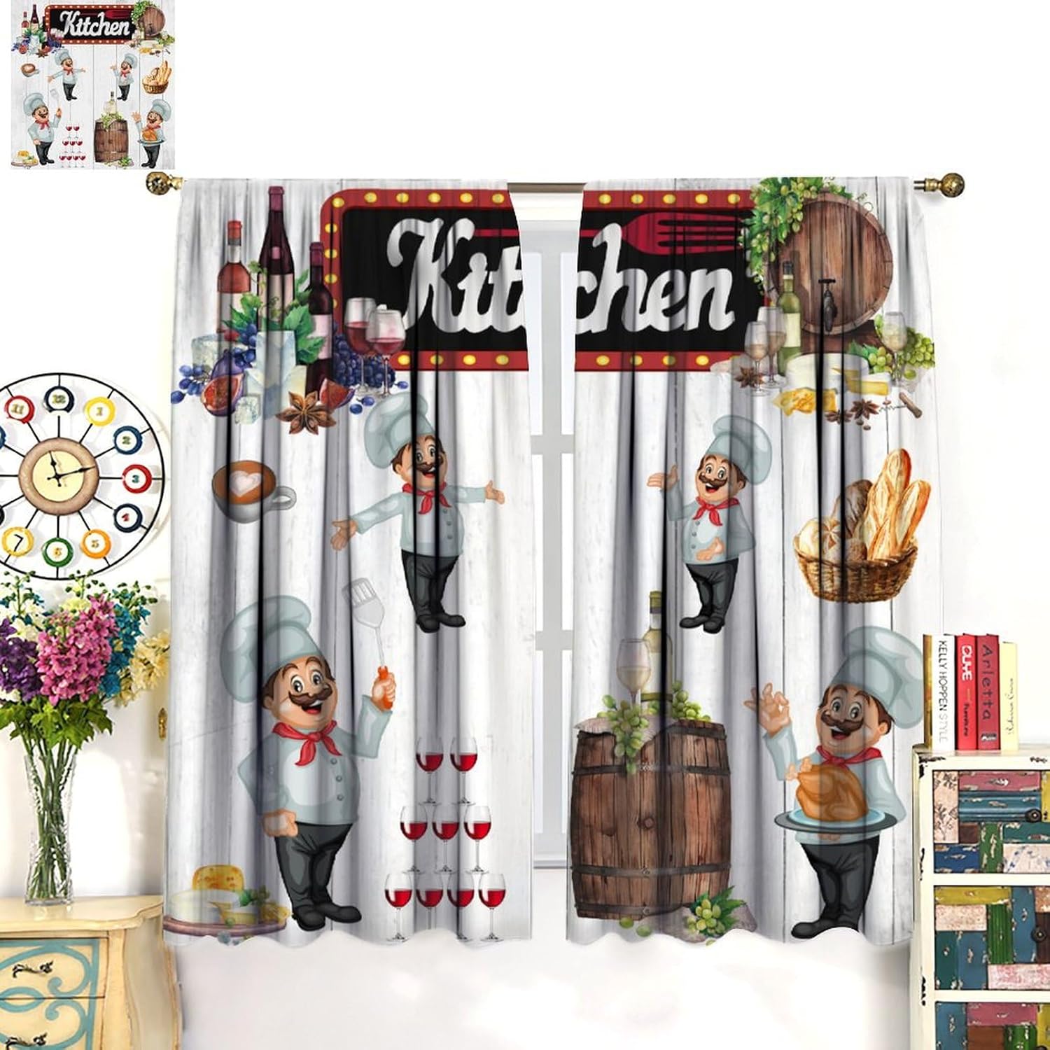 Chef Kitchen Curtains Rustic Wooden Plank Fun Country Farm Cute Western Red Wine Fruit Rod Pocket Rural Country for Home Kitchen Livingroom Coffee Room Window Curtain Drapes 2 Panels 42x54 Inch