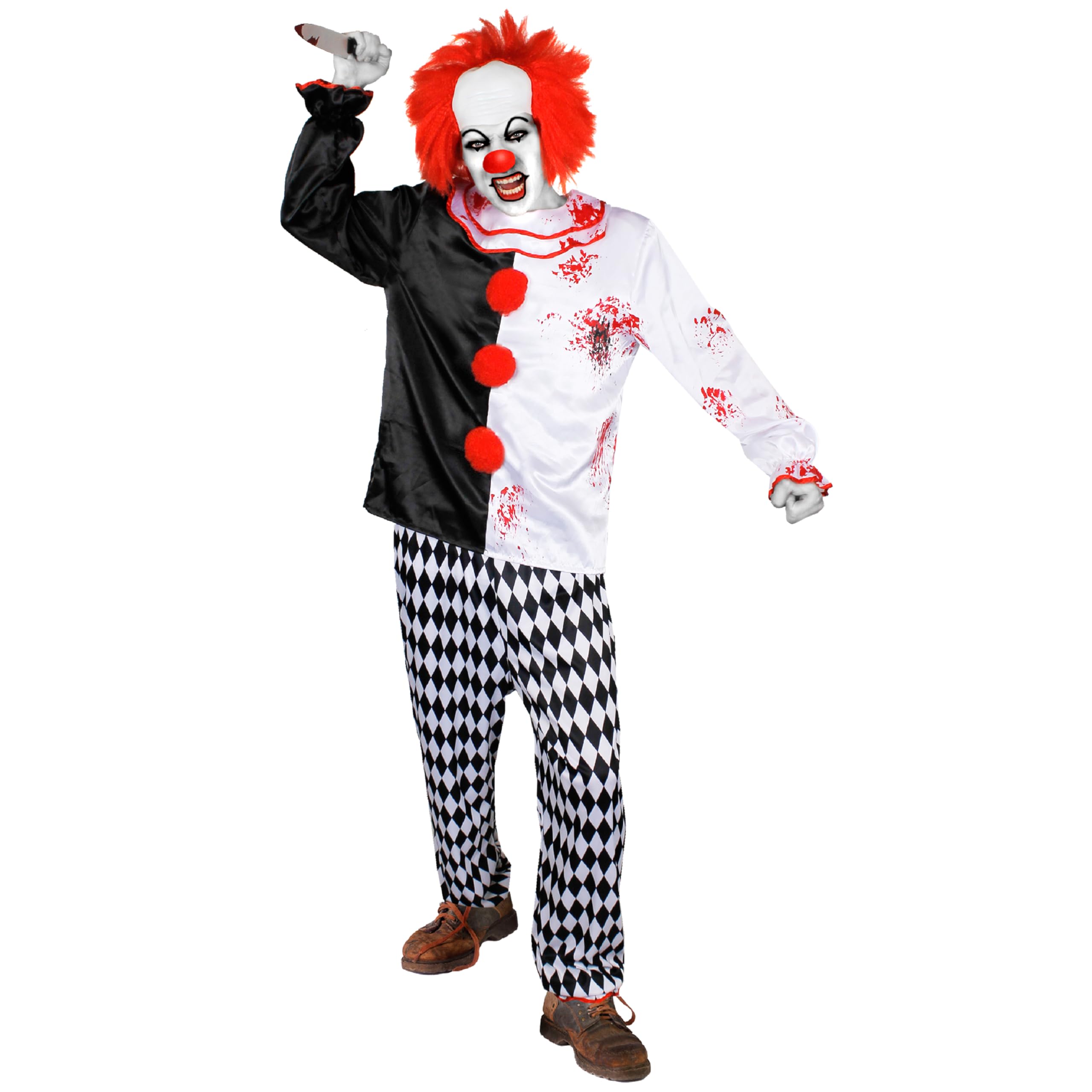Adults Halloween Scary Clown Costume - Medium - Black & White Clown Tunic, Harlequinn Print Trousers - Horror Fancy Dress For Halloween