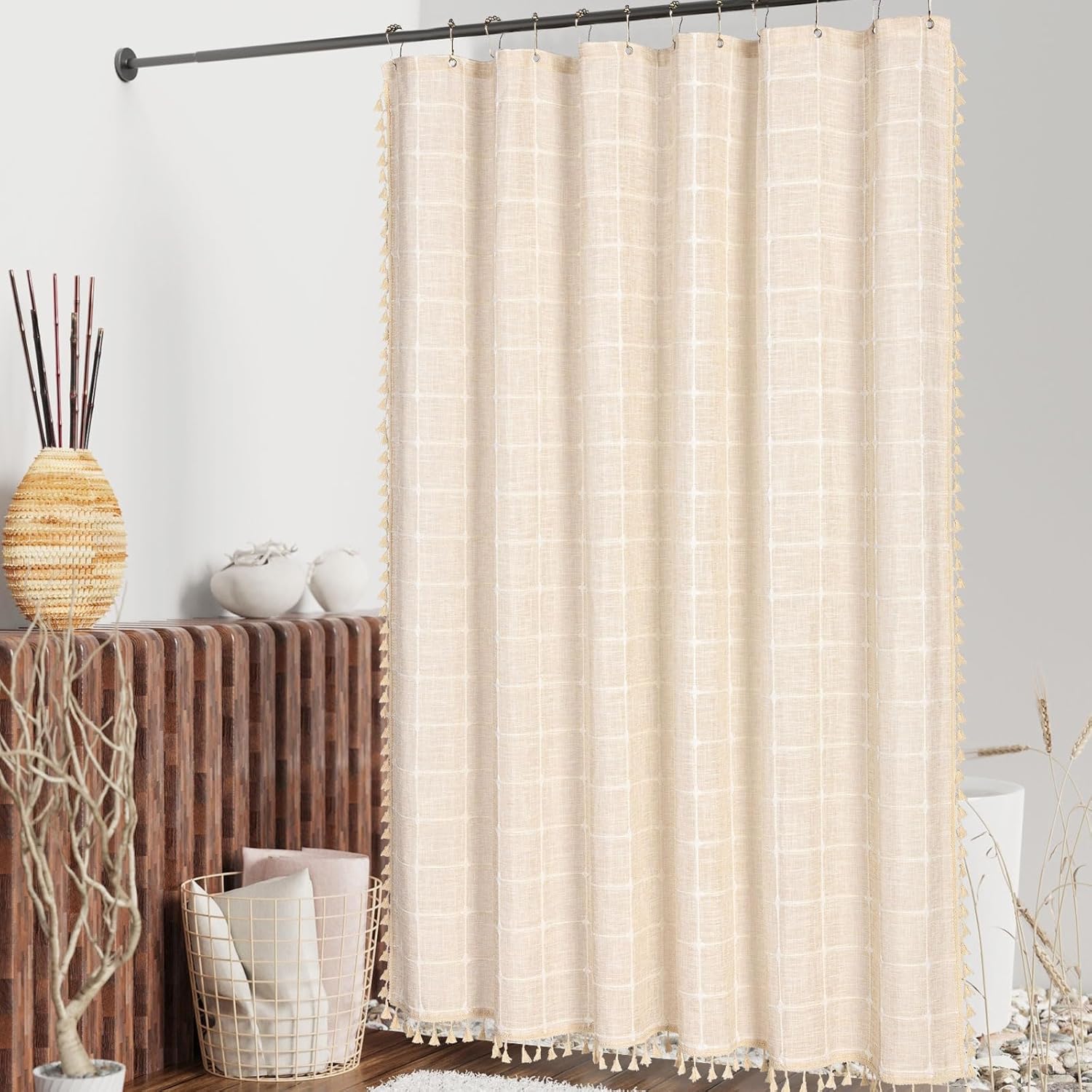 MitoVilla Beige Boho Shower Curtains for Modern Farmhouse Bathroom Decor, Cream Vintage Country Thick Polyester Linen Fabric Shower Curtain, Rustic Tassel Cloth Shower Curtain, 72 x 72