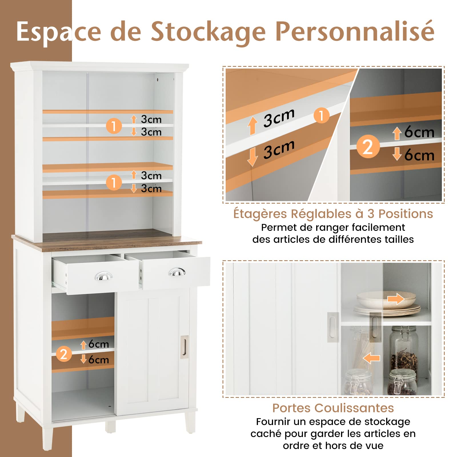 COSTWAY Buffet de Cuisine 170 cm avec Niche et Portes Coulissantes