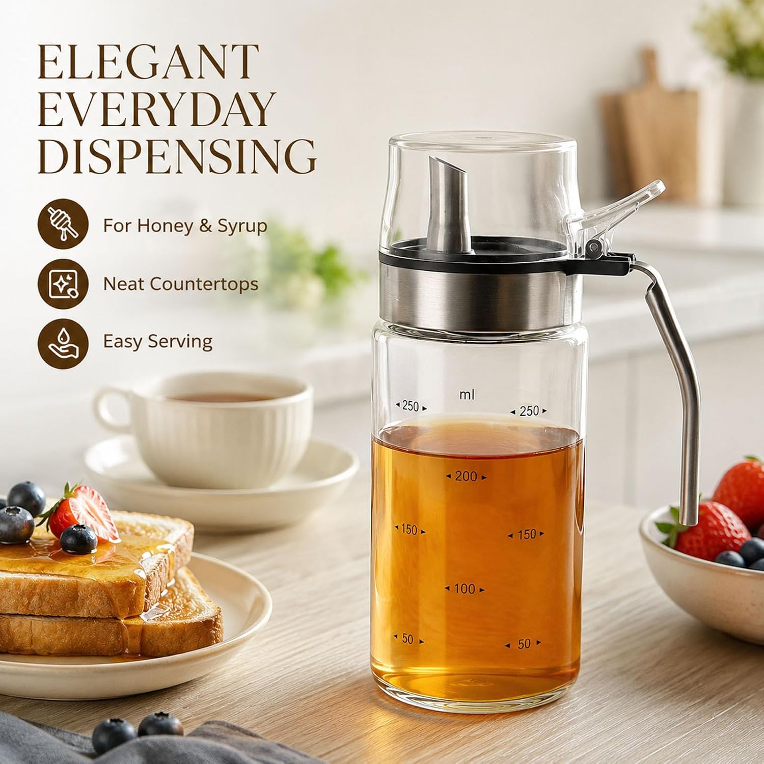 Glass Honey Dispenser, 8.5 fl oz Maple Syrup Dispenser, Handle, Pour Spout