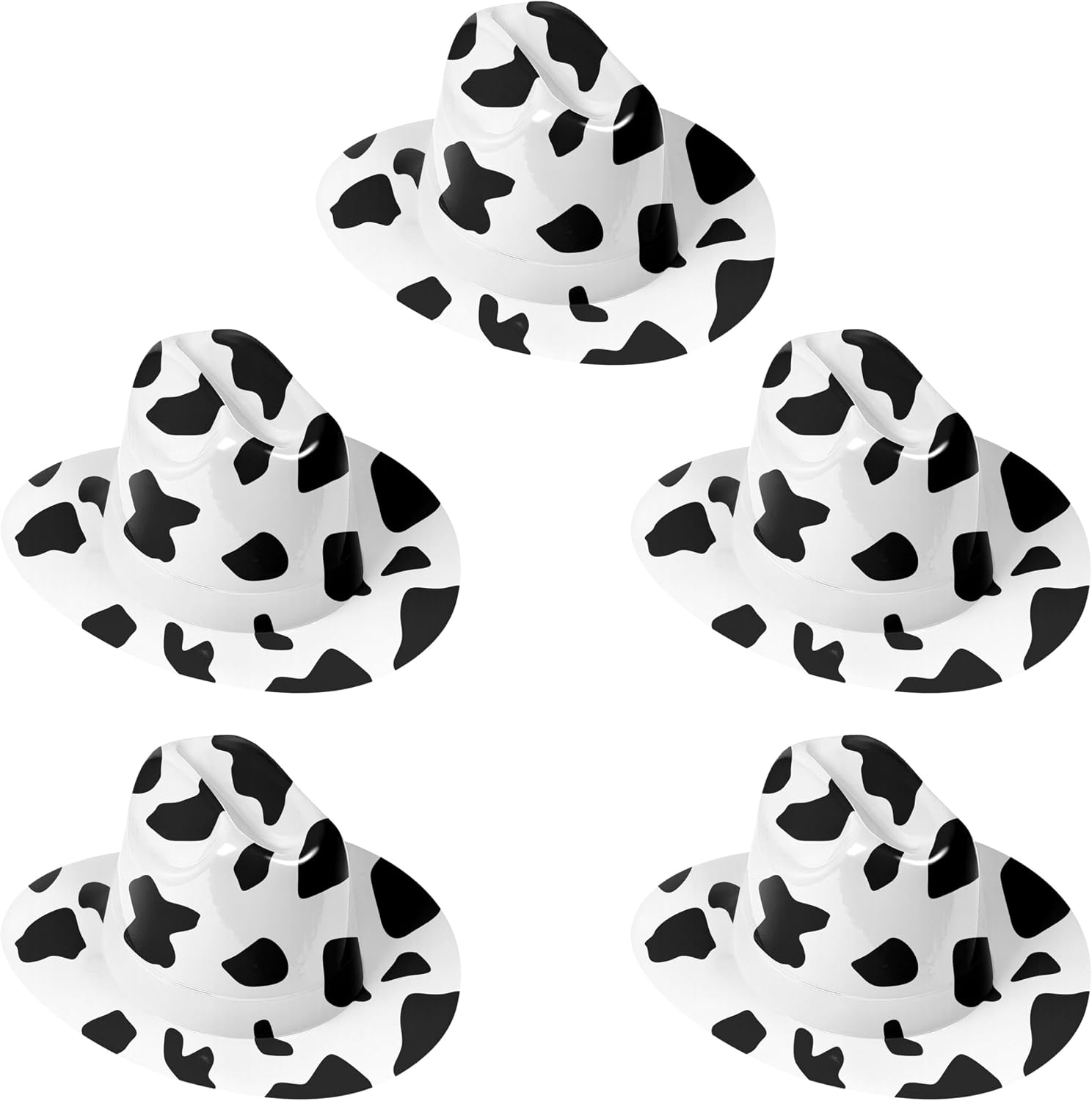 Beistle Cow Print Cowboy Hats – 5 Pack, Black & White Western Plastic Headwear, Cowhide Pattern Rodeo Costume Accessories, Farm Theme Party Supplies, Photo Booth Props for Country Outfit Dress Up