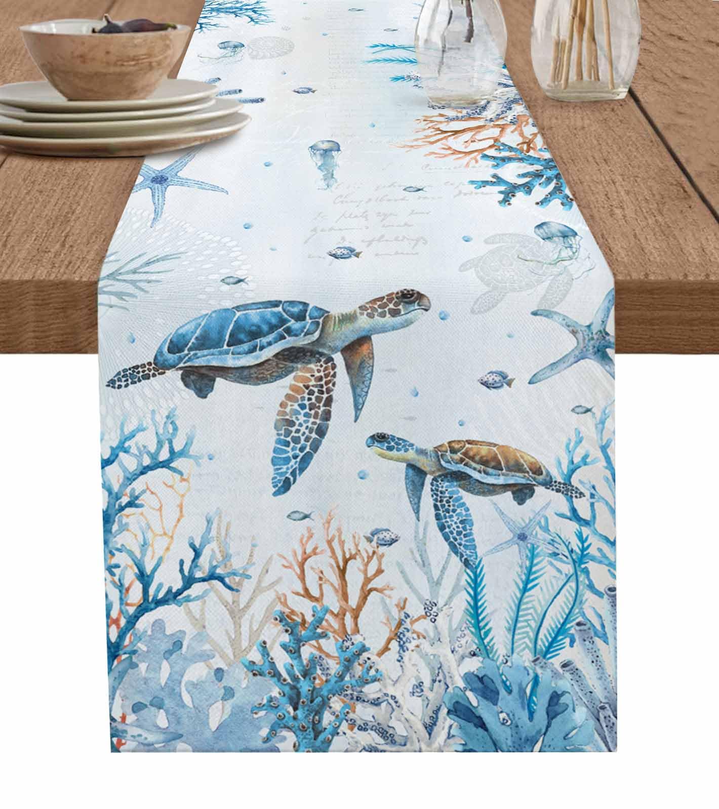 Chemin de table sous-marin bleu et corail idéal pour décorer la salle à manger en vacances