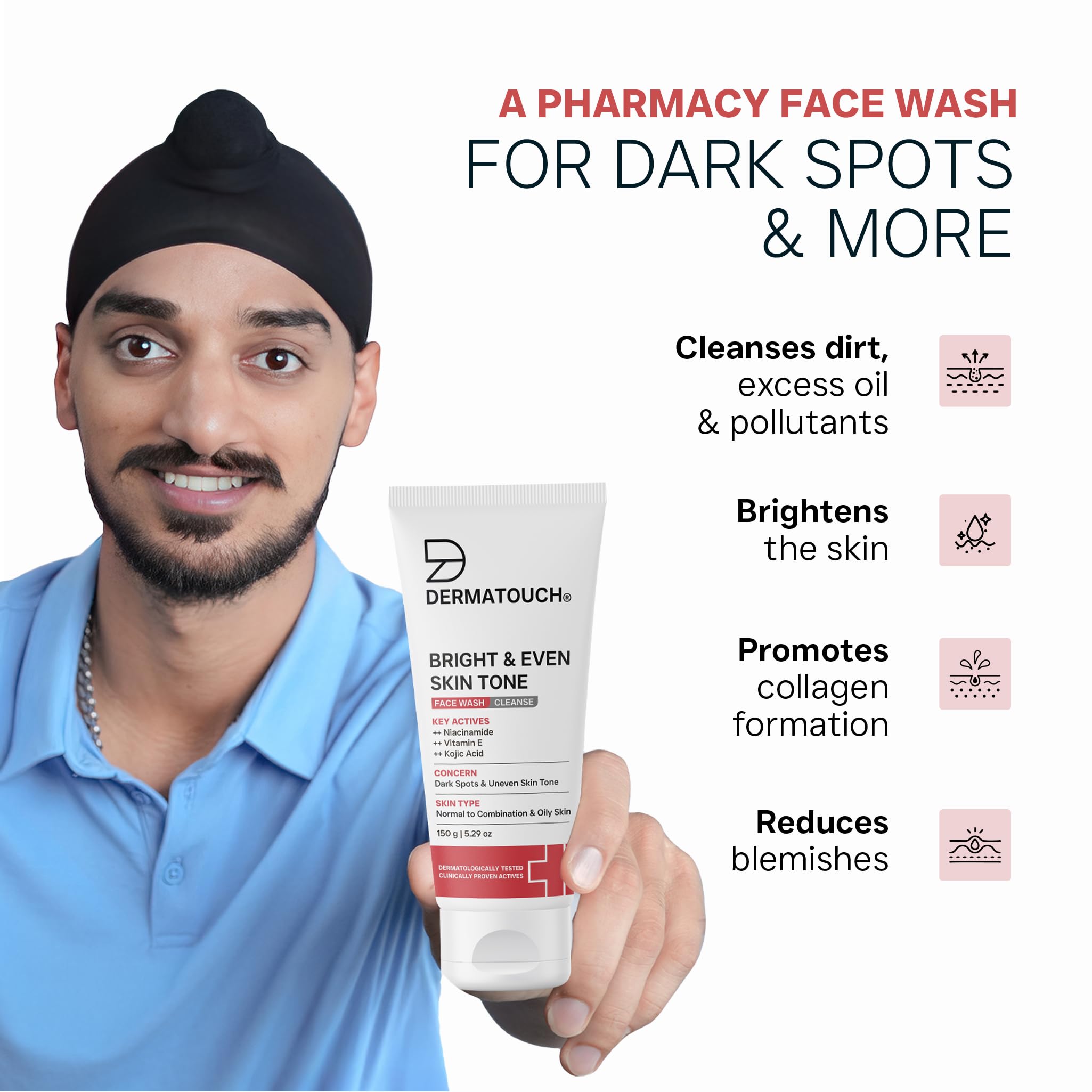 DERMATOUCH Bright & Even Tone Face Wash with Niacinamide, Vitamin E and Kojic Acid | For Tan, Pigmentation Dark Spots & Uneven Skin Tone | Oil Control | Dermatologist Tested | For Men & Women | 150g