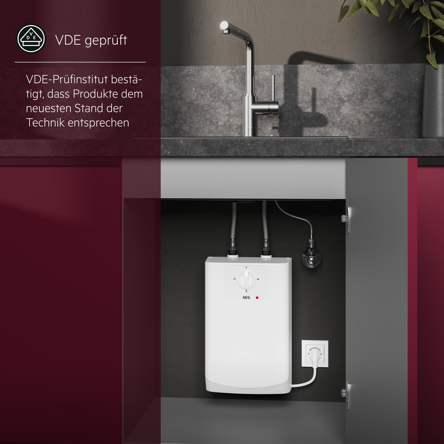 AEG Boiler BOI 5 U, Untertischboiler 5 Liter Niederdruck mit Stecker 230V für Küchenspüle oder Waschbecken, energie- und platzsparend, 2 kW, Made in Germany, VDE geprüft