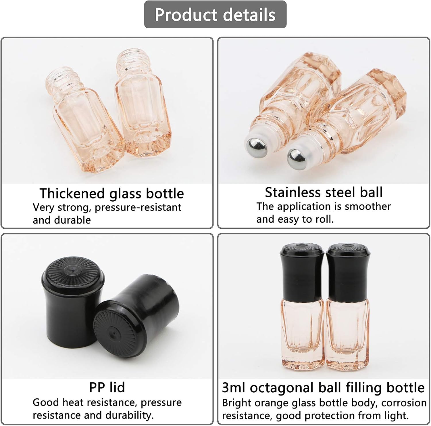 Kesell 3mlガラスローラーボトル 明るいオレンジ 八角形 空の詰め替え可能 ロールオンボトル ミニエッセンシャルオイルローラ