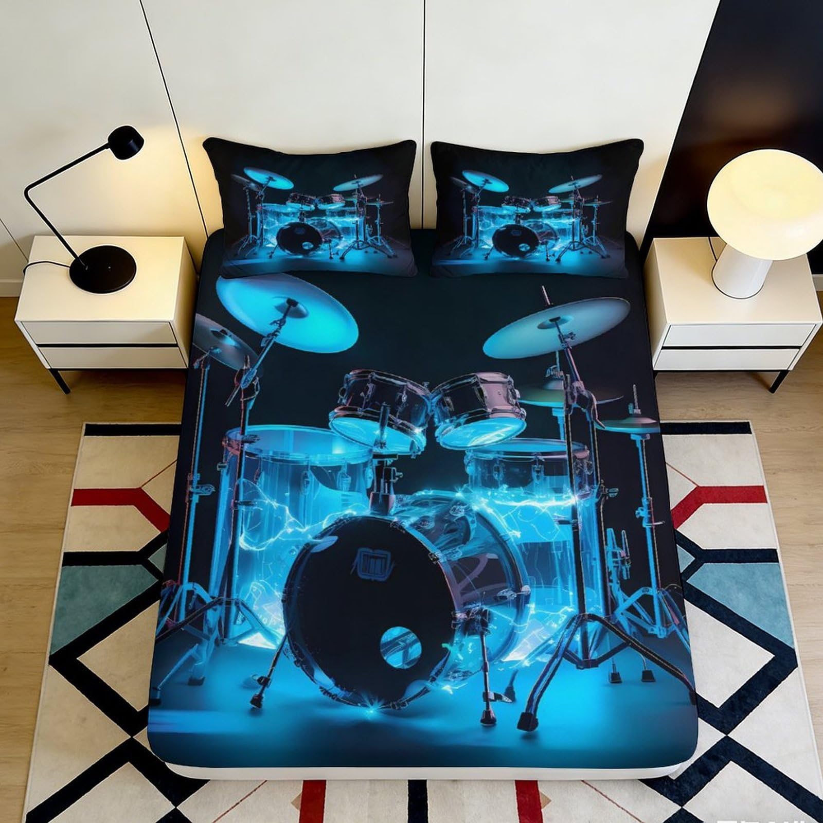 3D Printed Neon Drum Kit Fitted Sheet Microfiber Anti-Slip Music Stage Bed Cover Bedroom Dorm Mattress Protector 90x200x25cm