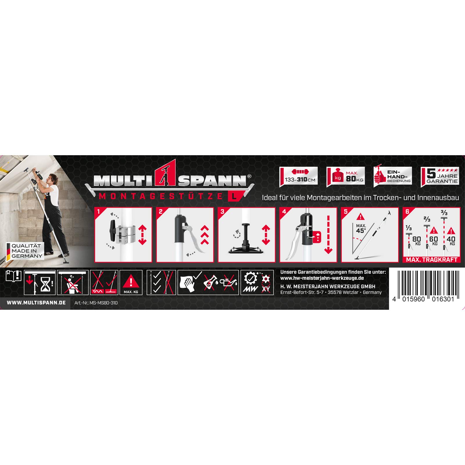 2x MULTISPANN® Montagestütze 133-310cm - Max. 80kg - Made in Germany - Deckenstütze, Einhandstütze und Baustütze mit innovativem 3-Spannsystem - Für Handwerk und Industrie - MS-MS80-310