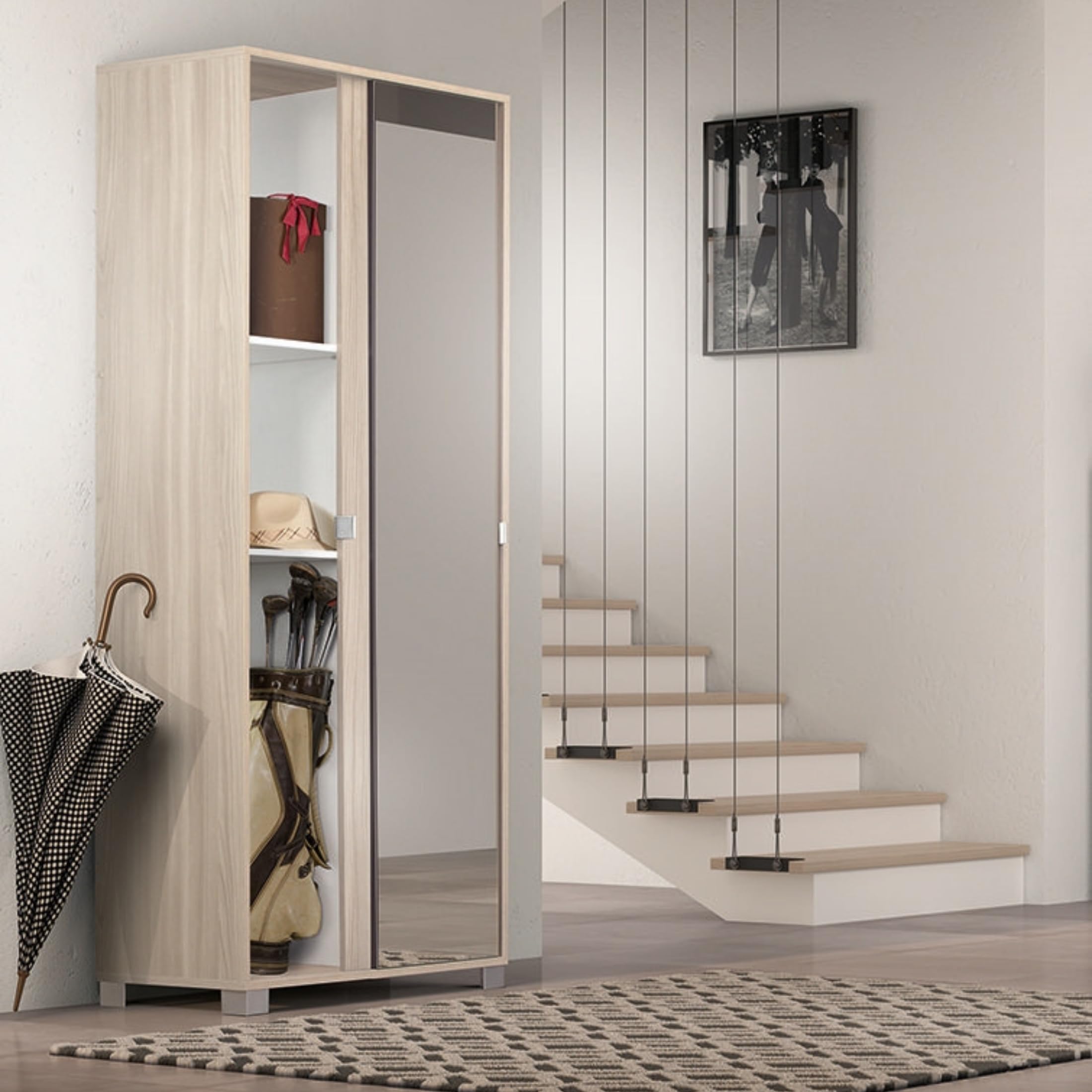 MONDO VIRO Mobile armadio 2 ante scorrevoli Rebel con specchio in legno 8 ripiani cm 82x42 190h (Cemento/Specchio Naturale)